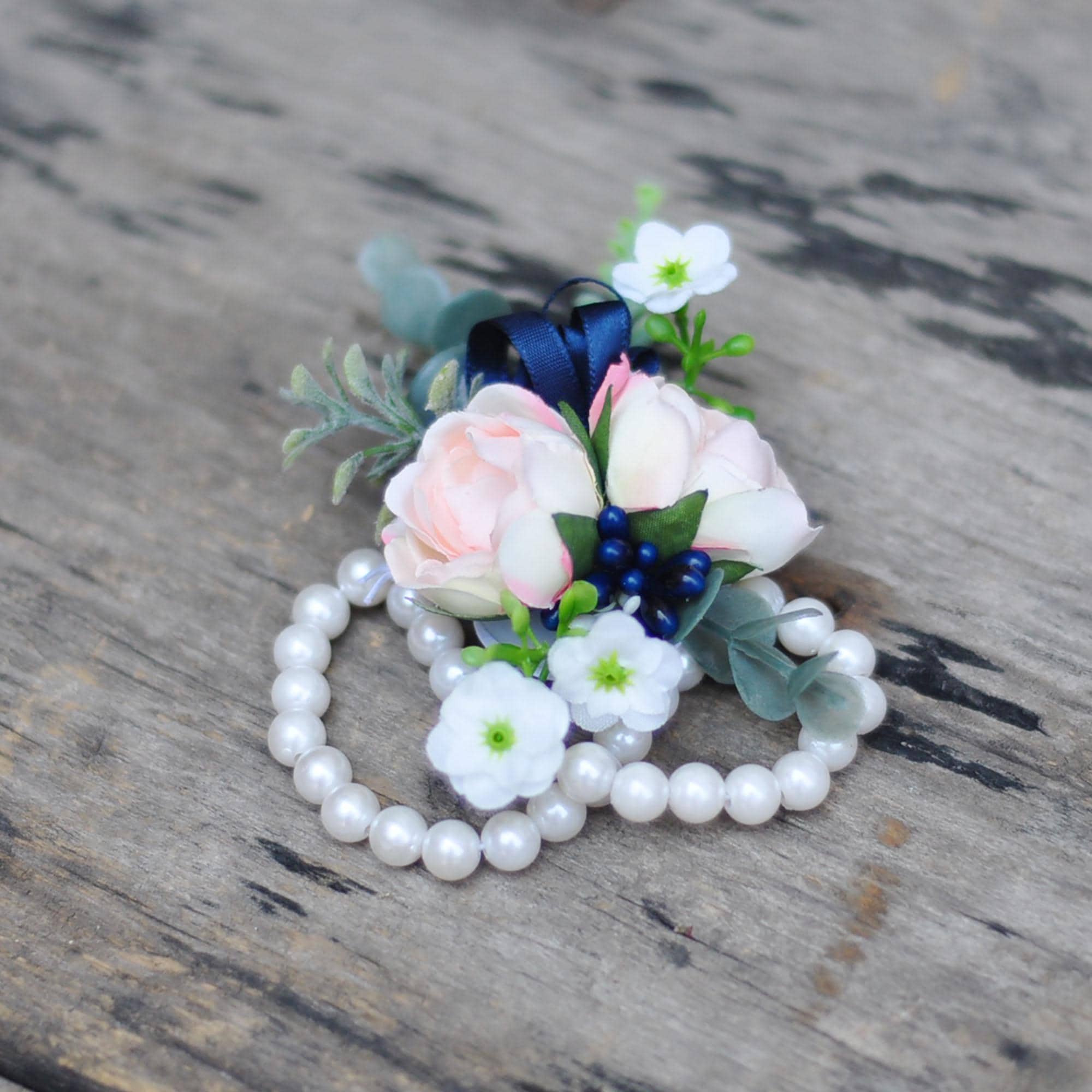 Rustic Champagne Pink Rose Pearl Bracelet, Navy Wrist Corsage Gift For Her Military Wedding, Mom, Bridesmaid Gift, Prom, Bridal Accessories