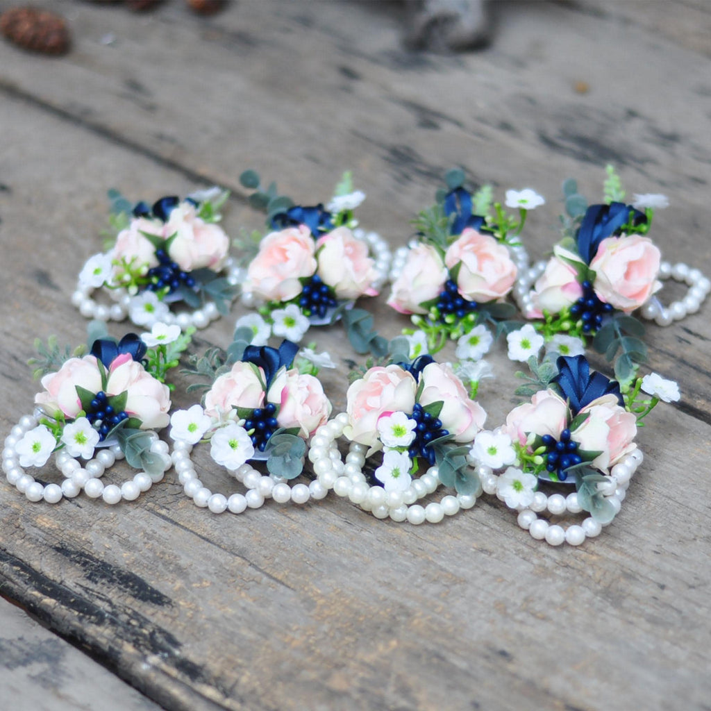 Rustic Champagne Pink Rose Pearl Bracelet, Navy Wrist Corsage Gift For Her Military Wedding, Mom, Bridesmaid Gift, Prom, Bridal Accessories