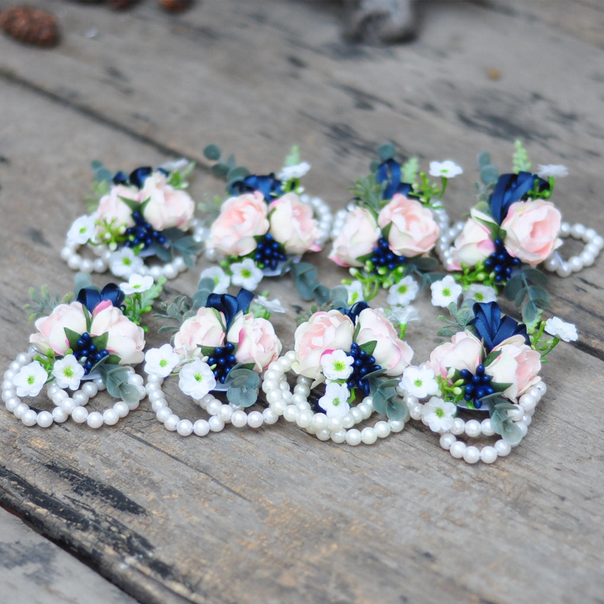 Rustic Champagne Pink Rose Pearl Bracelet, Navy Wrist Corsage Gift For Her Military Wedding, Mom, Bridesmaid Gift, Prom, Bridal Accessories