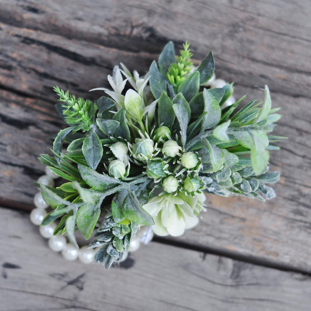 Dusty Green Wildflower Pearl Bracelet Wrist Corsage Gift for Rustic Wedding, Garden Farm Wedding, Prom, Bridesmaid Bridal Accessories Gift