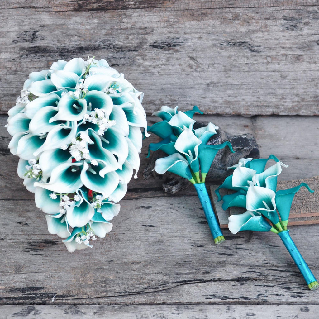 Solid Teal Calla Lily Cascade Bouquet, White Teal Picasso Wedding Bouquet, Choose Ribbon Boho Teal Bridal Bouquet, Rustic Teal Calla Lily