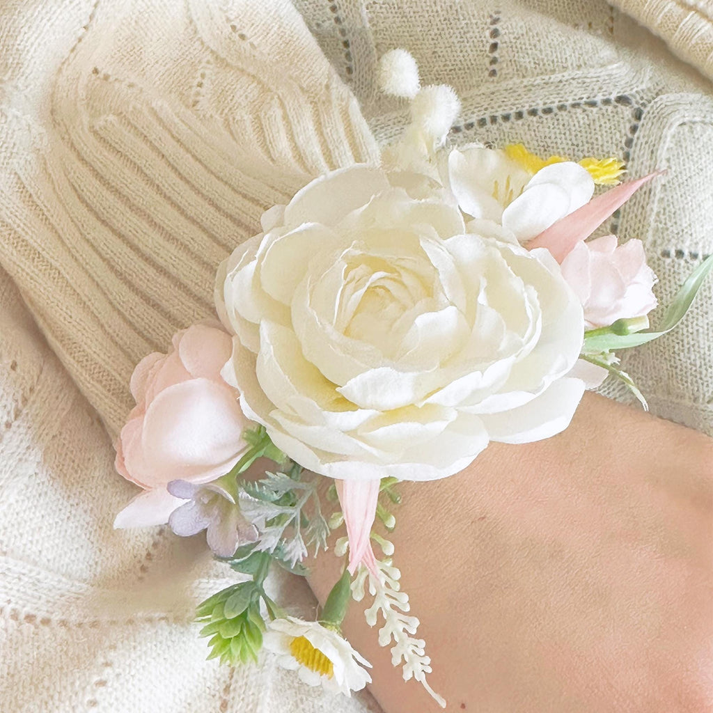 Fairytale White Peony Pearl Bracelet, Wrist Ribbon Corsage Gift For Her Princess Wedding, Bridesmaid Gift, Flower Girl Bridal Accessories
