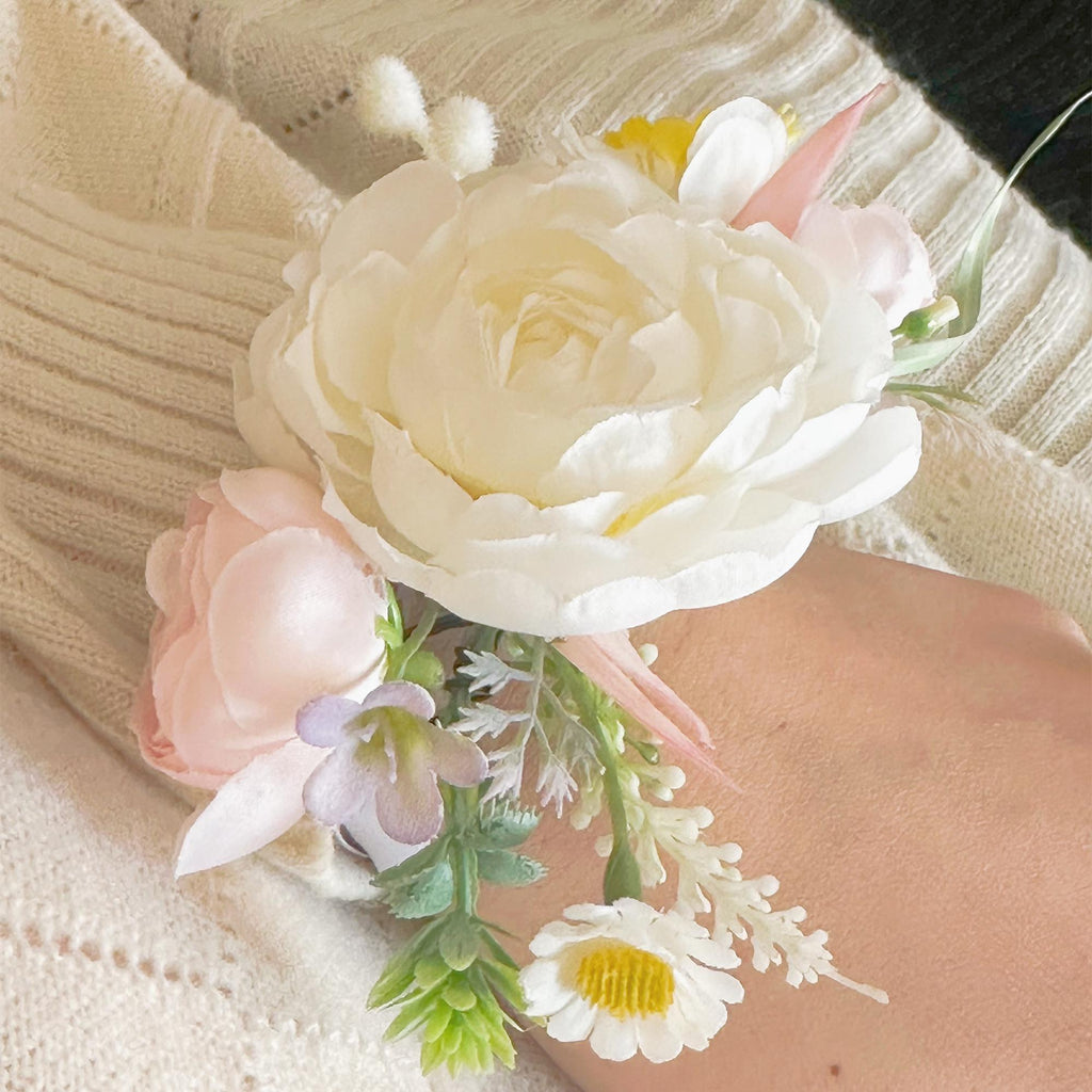 Fairytale White Peony Pearl Bracelet, Wrist Ribbon Corsage Gift For Her Princess Wedding, Bridesmaid Gift, Flower Girl Bridal Accessories