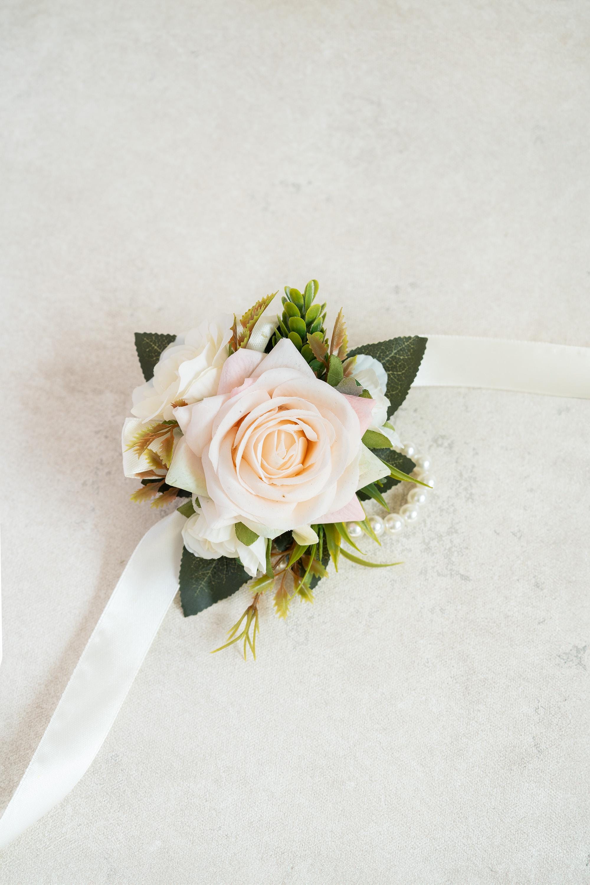 Champagne Rose Pearl Bracelet Wrist Corsage, Bridesmaid Gift for Her, Anniversary, Bridal Shower, Wedding Gift, Prom Boutonniere Gift
