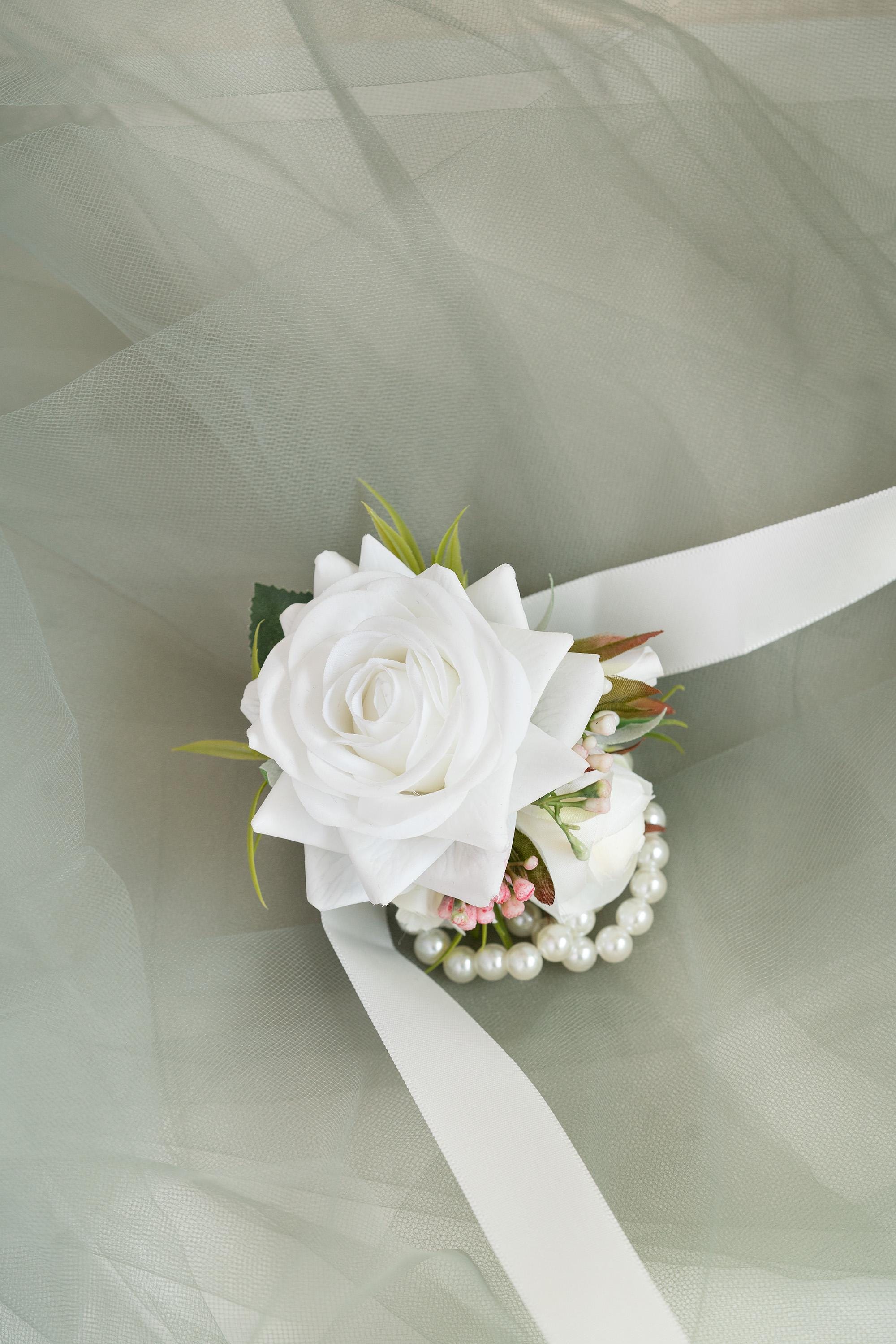 Elegant Real Touch White Rose Pearl Bracelet, Wrist Corsage Wedding Gift for Her, Bridesmaid, Mom, Prom Boutonniere, Bridal Accessories