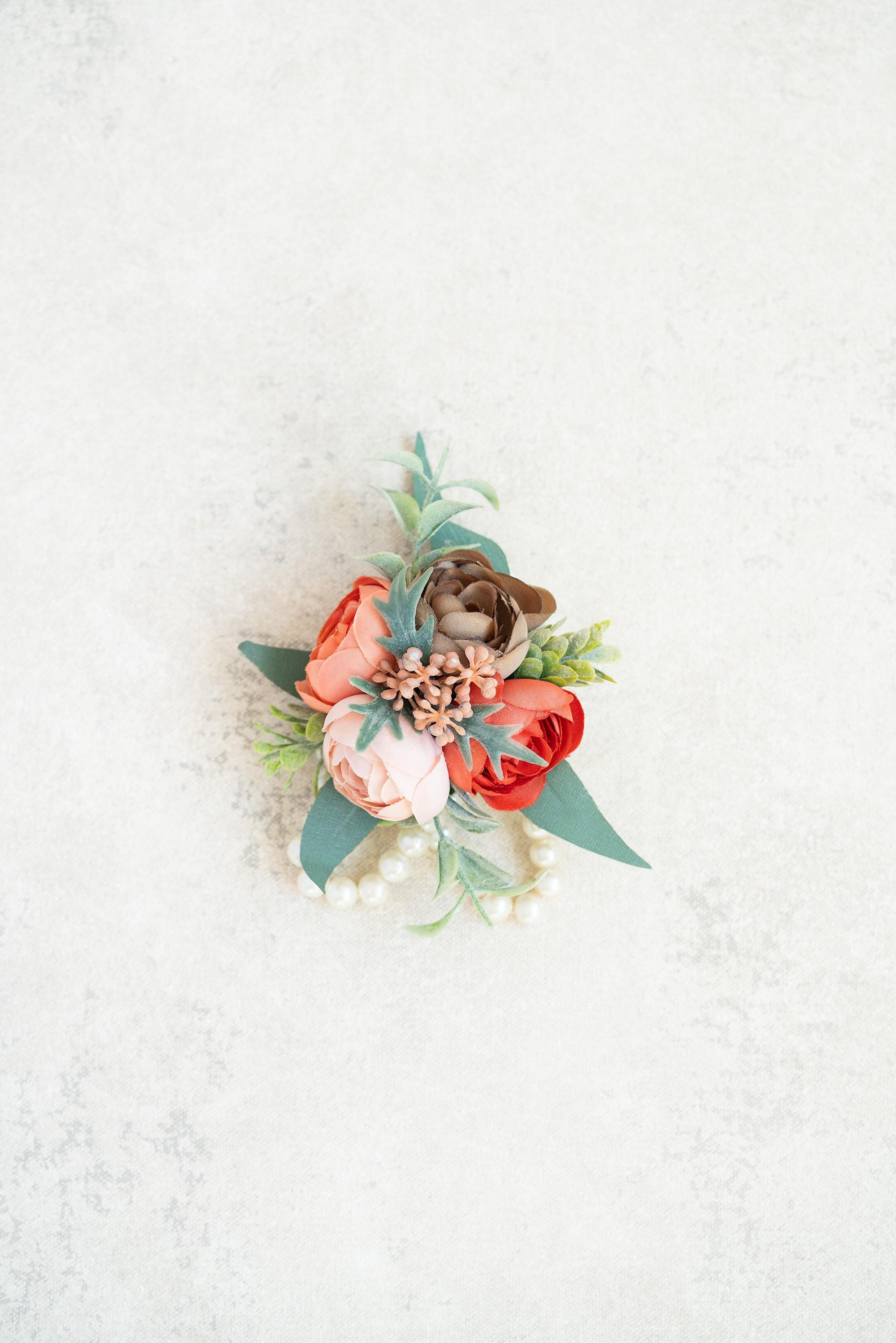 Bohemia Corsage for Boho Wedding, Silk Ranunculus Rose Pearl Bracelet, Flower Girl Corsage, Rustic Rose Prom Pin, Boutonniere, Gift for Her