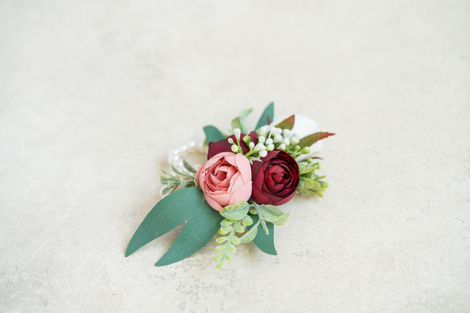 Burgundy Pearl Bracelet - Wrist Corsage Gift For Her BOHO Wedding,Bridesmaid,Prom,Mom,Dusty Rose Bridal Accessories, Best Man Boutonniere