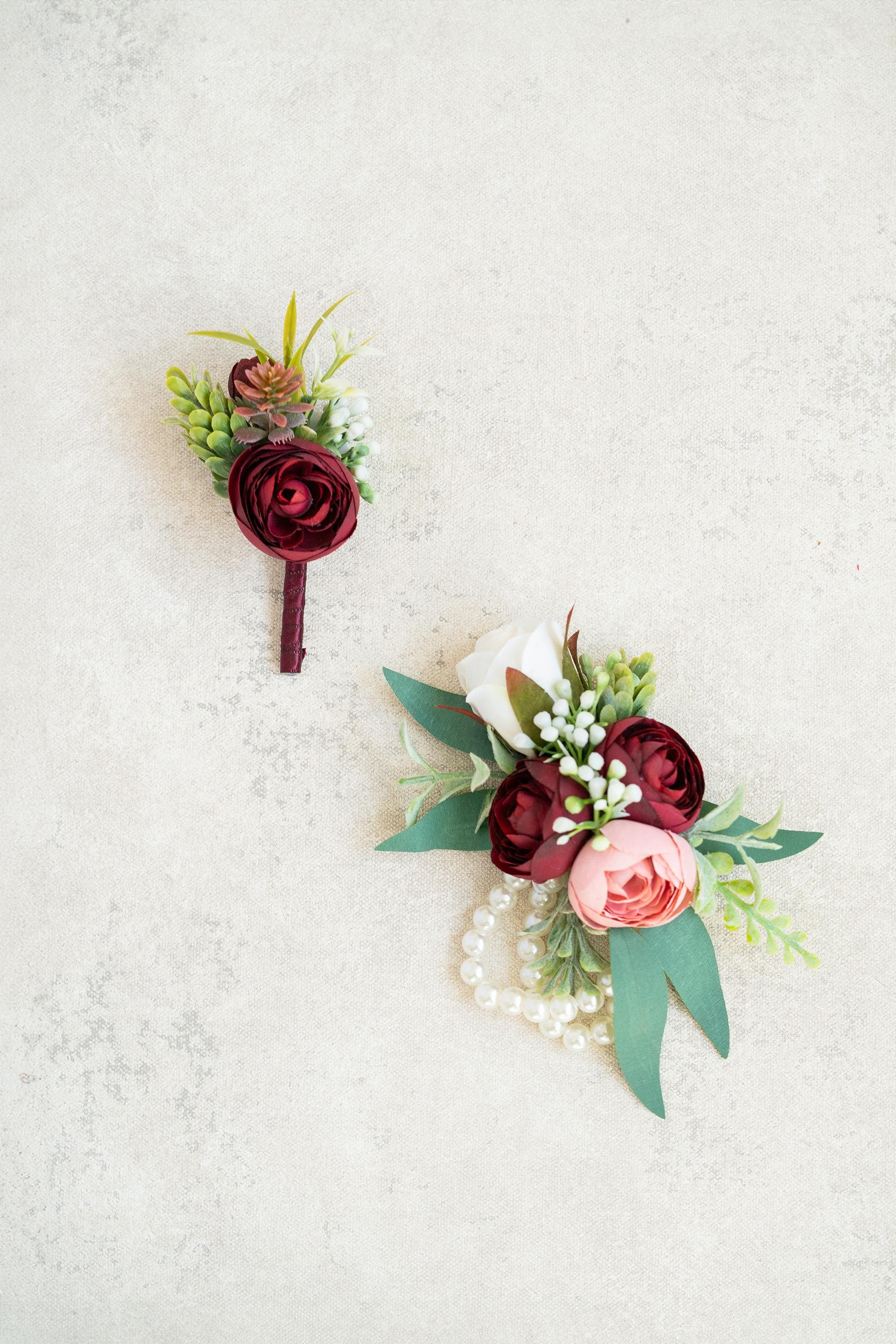 Burgundy Pearl Bracelet - Wrist Corsage Gift For Her BOHO Wedding,Bridesmaid,Prom,Mom,Dusty Rose Bridal Accessories, Best Man Boutonniere