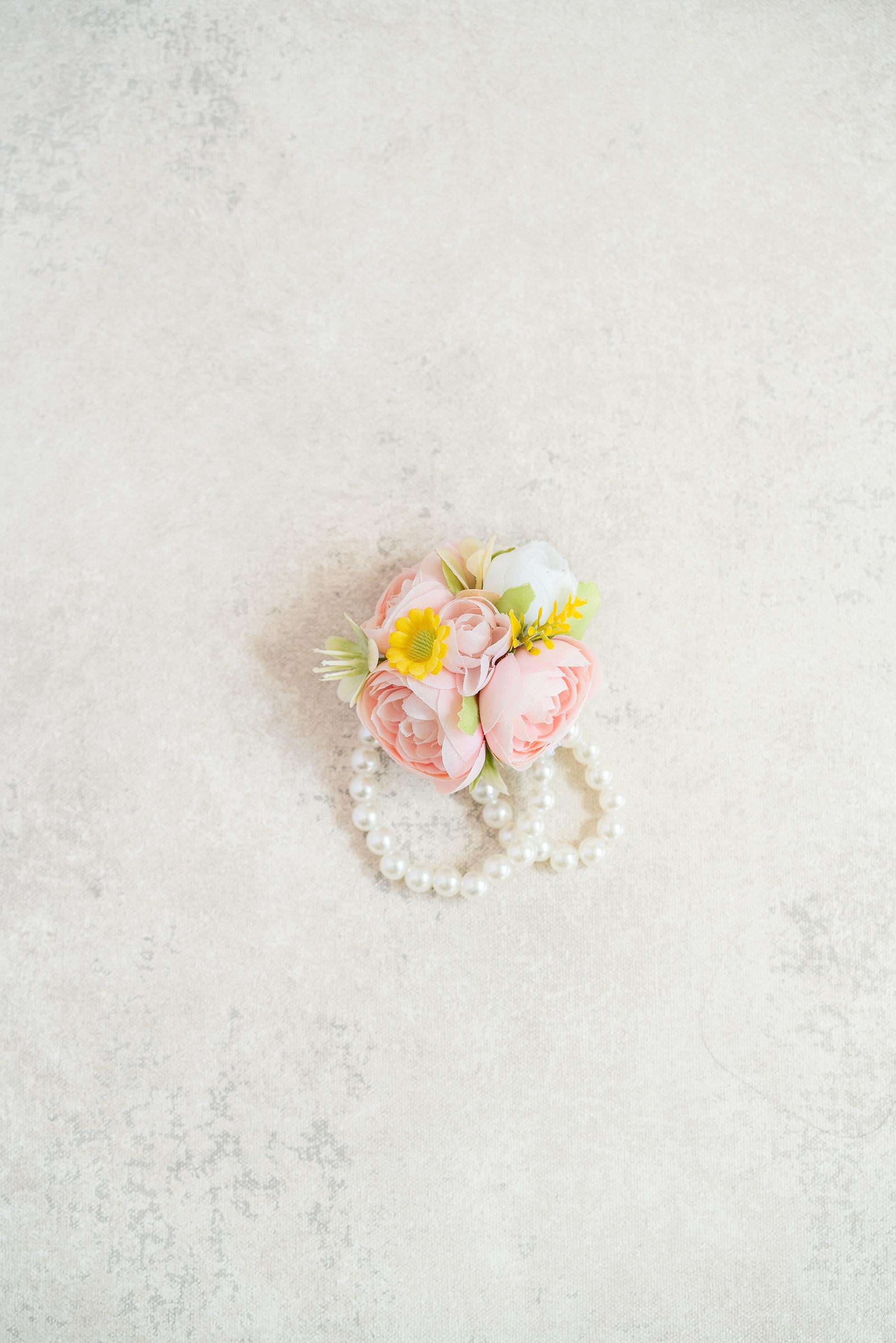 Cute Light Pink Rose Pearl Bracelet Wrist Corsage Gift for Her Bridesmaid, Sunflower Wedding Corsage, Bridal Accessories, Prom Boutonniere