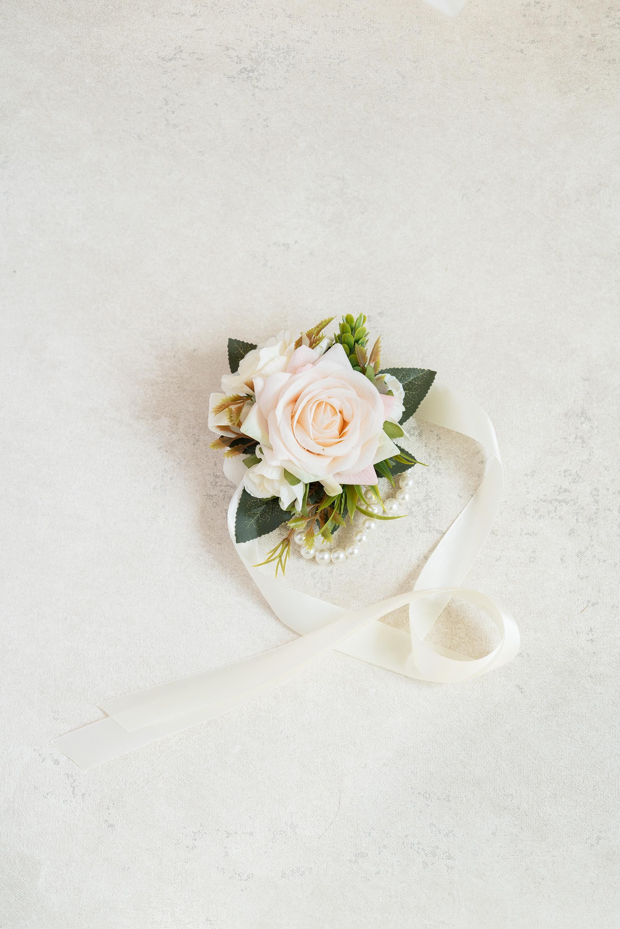 Champagne Rose Pearl Bracelet Wrist Corsage, Bridesmaid Gift for Her, Anniversary, Bridal Shower, Wedding Gift, Prom Boutonniere Gift