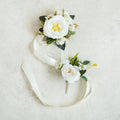 Soft White Rose Pearl Bracelet Wrist Ribbon Corsage Gift for Her Rustic Wedding, Prom, Bridesmaid, Bridal Accessories, Best Man Boutonniere