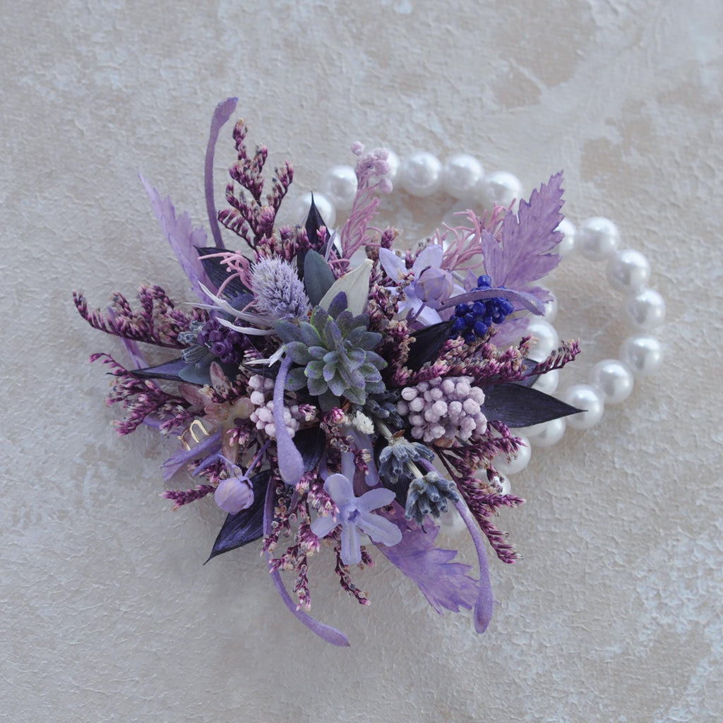 Personalized Purple Wildflower Pearl Bracelet - Perfect Wrist Corsage Gift for Scorpio Bride, Prom, Birthday, Mother’s Day, Anniversary Gift