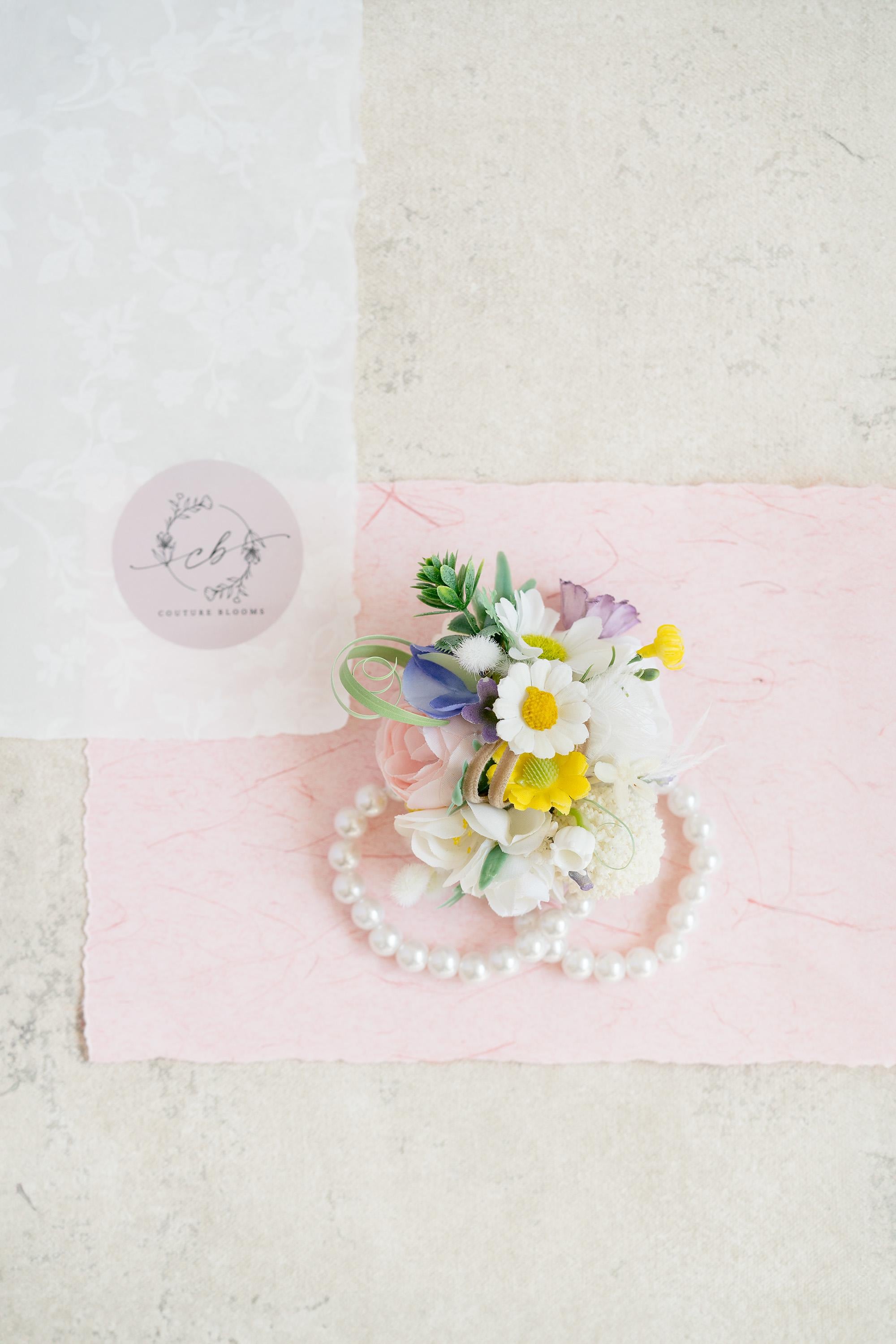 Cute Light Pink Rose Pearl Bracelet Wrist Corsage Gift for Her Bridesmaid, Sunflower Wedding Corsage, Bridal Accessories, Prom Boutonniere