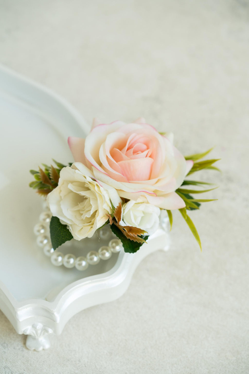 Real Touch Champagne Pink Rose Pearl Bracelet Wrist Corsage Gift For Her Mom, Prom, Bridesmaid Bridal Accessories, Boutonniere Wedding Gift