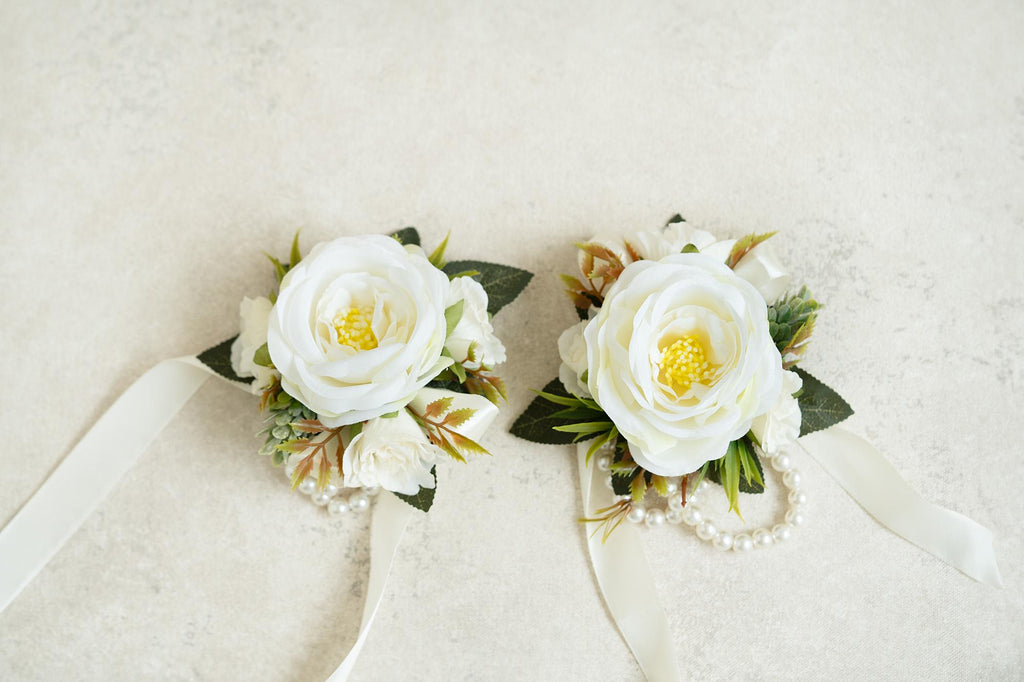 Soft White Rose Pearl Bracelet Wrist Ribbon Corsage Gift for Her Rustic Wedding, Prom, Bridesmaid, Bridal Accessories, Best Man Boutonniere