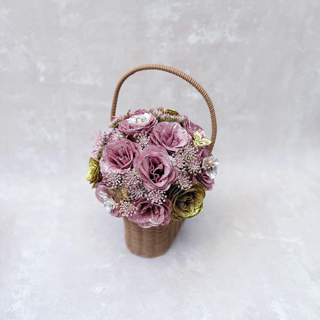 Glitter Rose Bouquet Box, Her Quinceañera Celebration, Gold Dusty Pink Rose Bridal Bouquet, Best Gift For Coming of Age 15, Bridesmaid Gift
