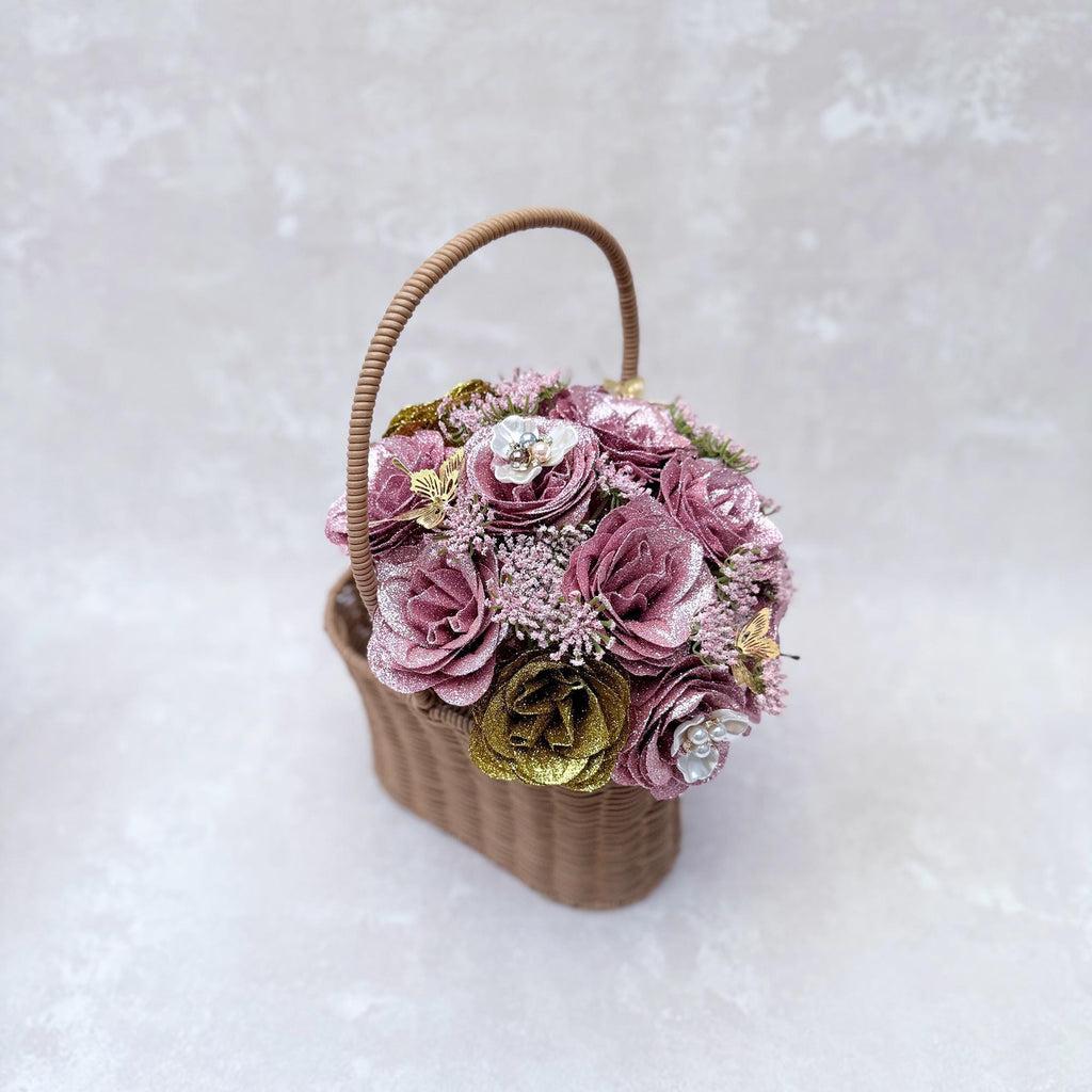 Glitter Rose Bouquet Box, Her Quinceañera Celebration, Gold Dusty Pink Rose Bridal Bouquet, Best Gift For Coming of Age 15, Bridesmaid Gift