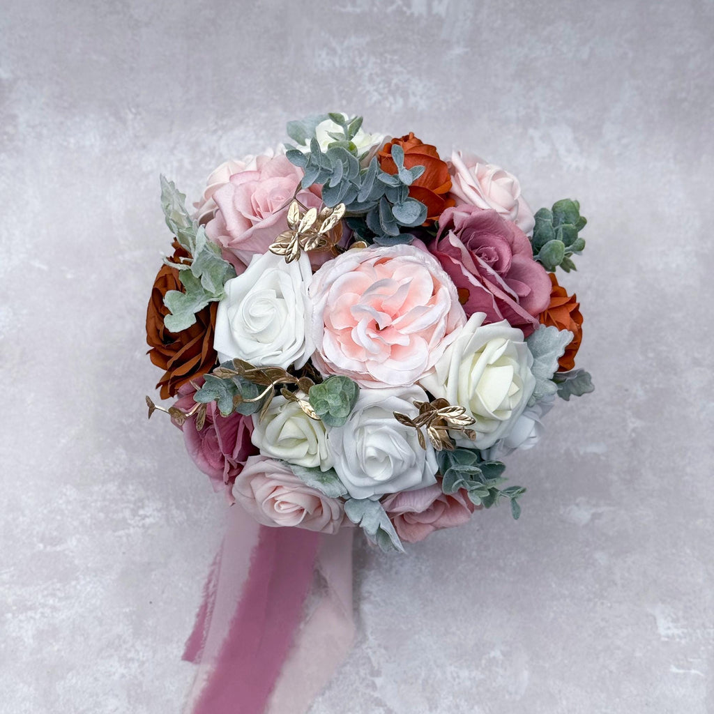 Cascade Autumn Brown Rose Bridal Bouquet, Dusty Pink Bridesmaid Bouquet, Champagne Dahlia Bridesmaid Bouquet Gift, Gift For Her Boho Wedding