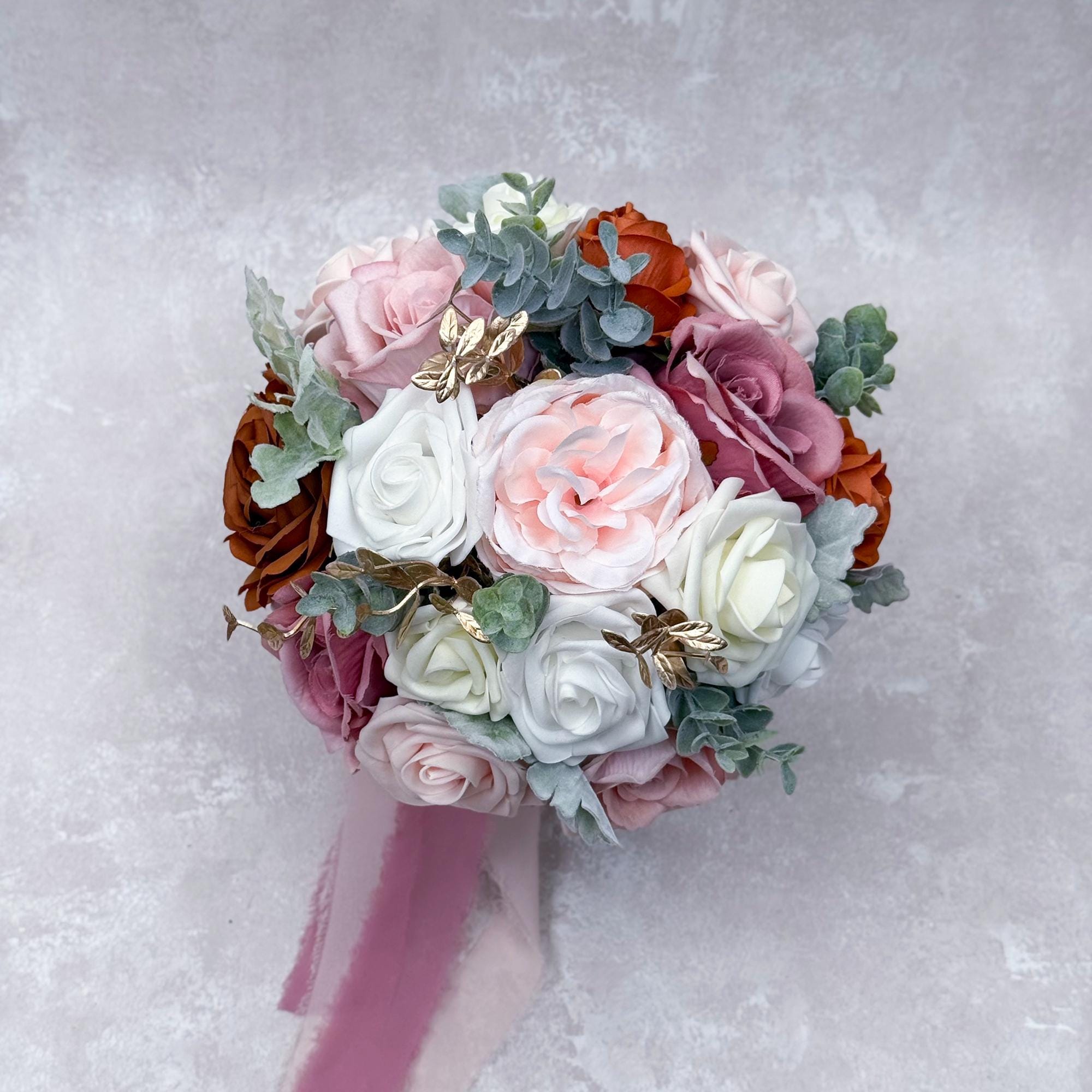 Cascade Autumn Brown Rose Bridal Bouquet, Dusty Pink Bridesmaid Bouquet, Champagne Dahlia Bridesmaid Bouquet Gift, Gift For Her Boho Wedding