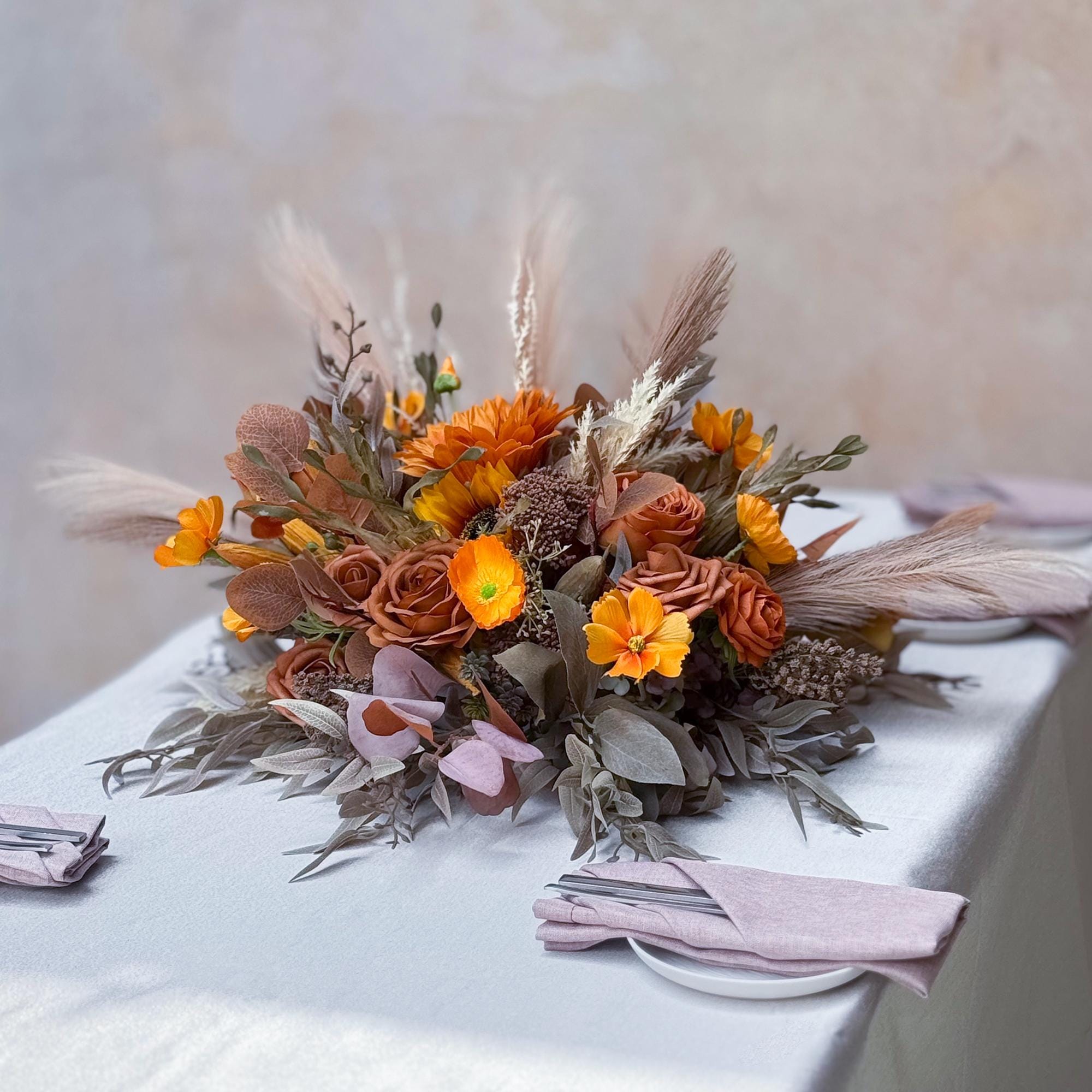 Personalized Vintage Autumn Withered Yellow Rose Quince Centerpiece, Fall Sunflower Wildflower Arrangement Gift for Home Decor, Wedding Swag