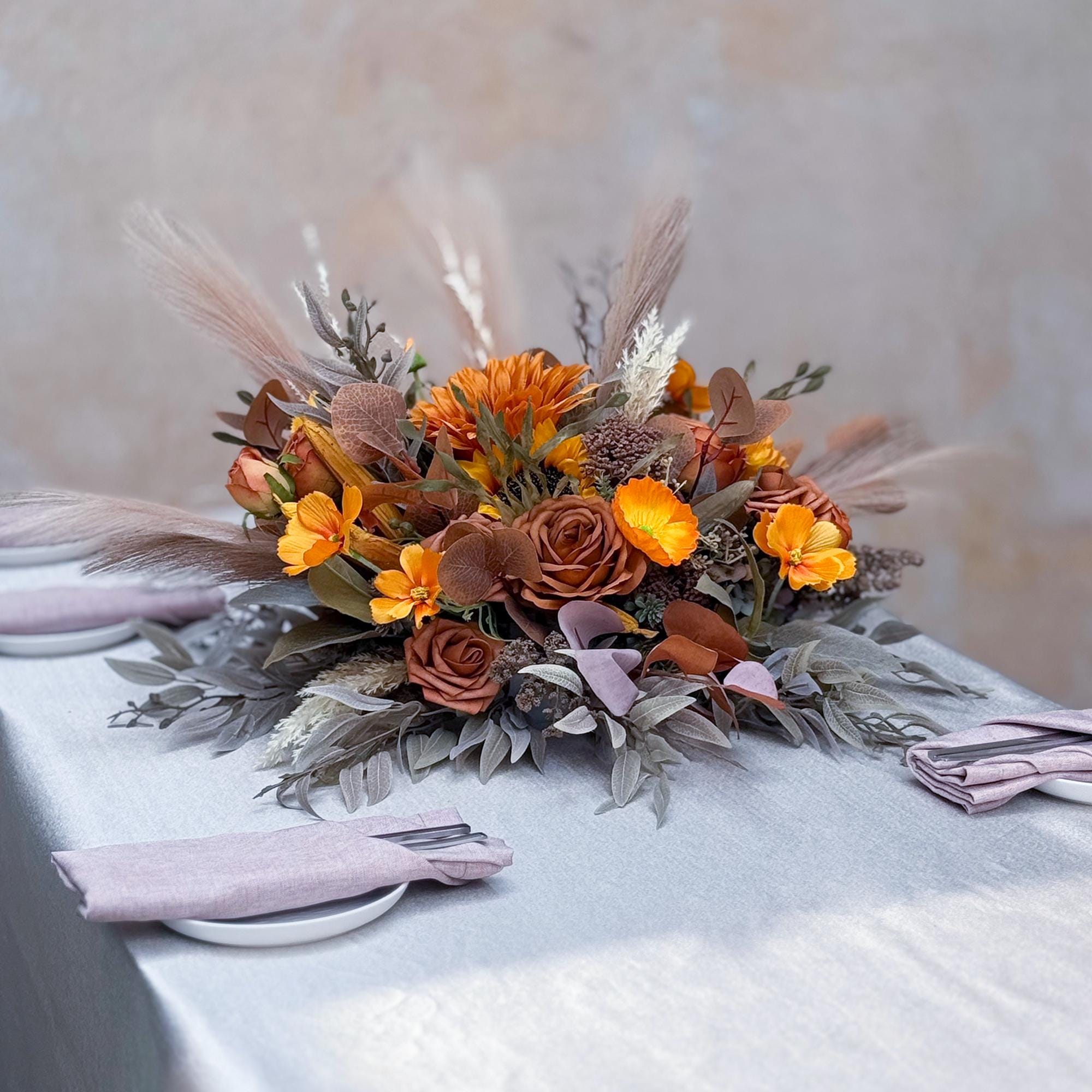 Personalized Vintage Autumn Withered Yellow Rose Quince Centerpiece, Fall Sunflower Wildflower Arrangement Gift for Home Decor, Wedding Swag