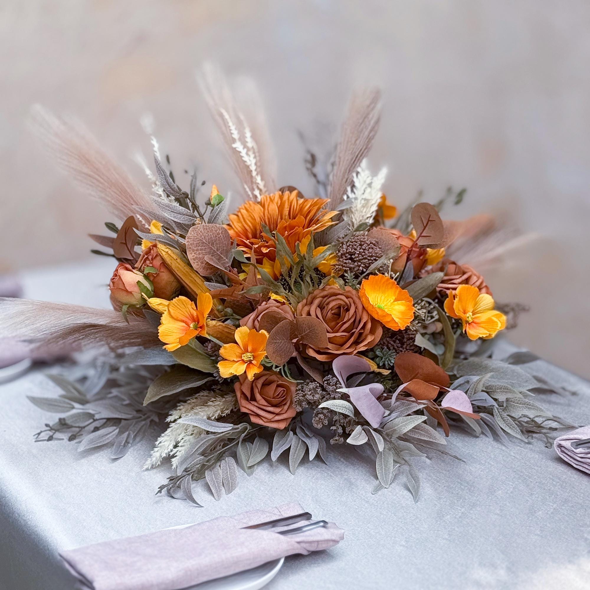 Personalized Vintage Autumn Withered Yellow Rose Quince Centerpiece, Fall Sunflower Wildflower Arrangement Gift for Home Decor, Wedding Swag