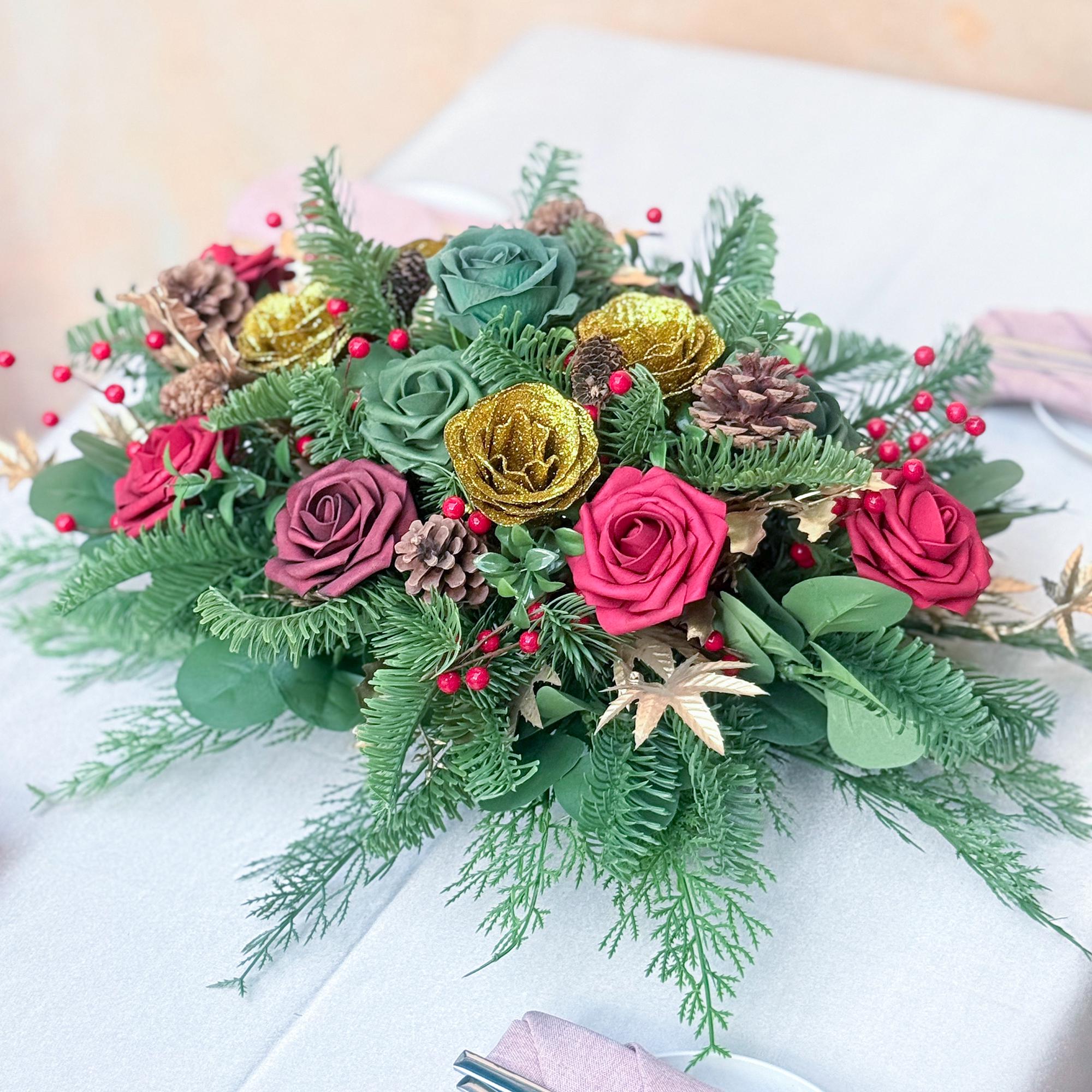 Personalized Vintage Christmas Rose Noble Fir Table Centerpiece Gift for Her Home Decor, Wedding Decor, Candle Holder Gifts for Xmas Candles