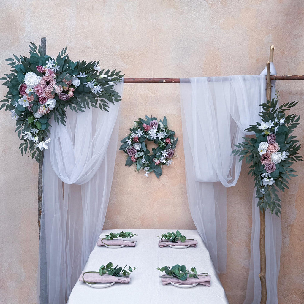 Customized Dusty Pink Wood Wedding Arch, Rustic White Ceremony Arbor Decor, Wreath Garland Arch Gift for Her Aisle Decor, Beach Wedding Swag