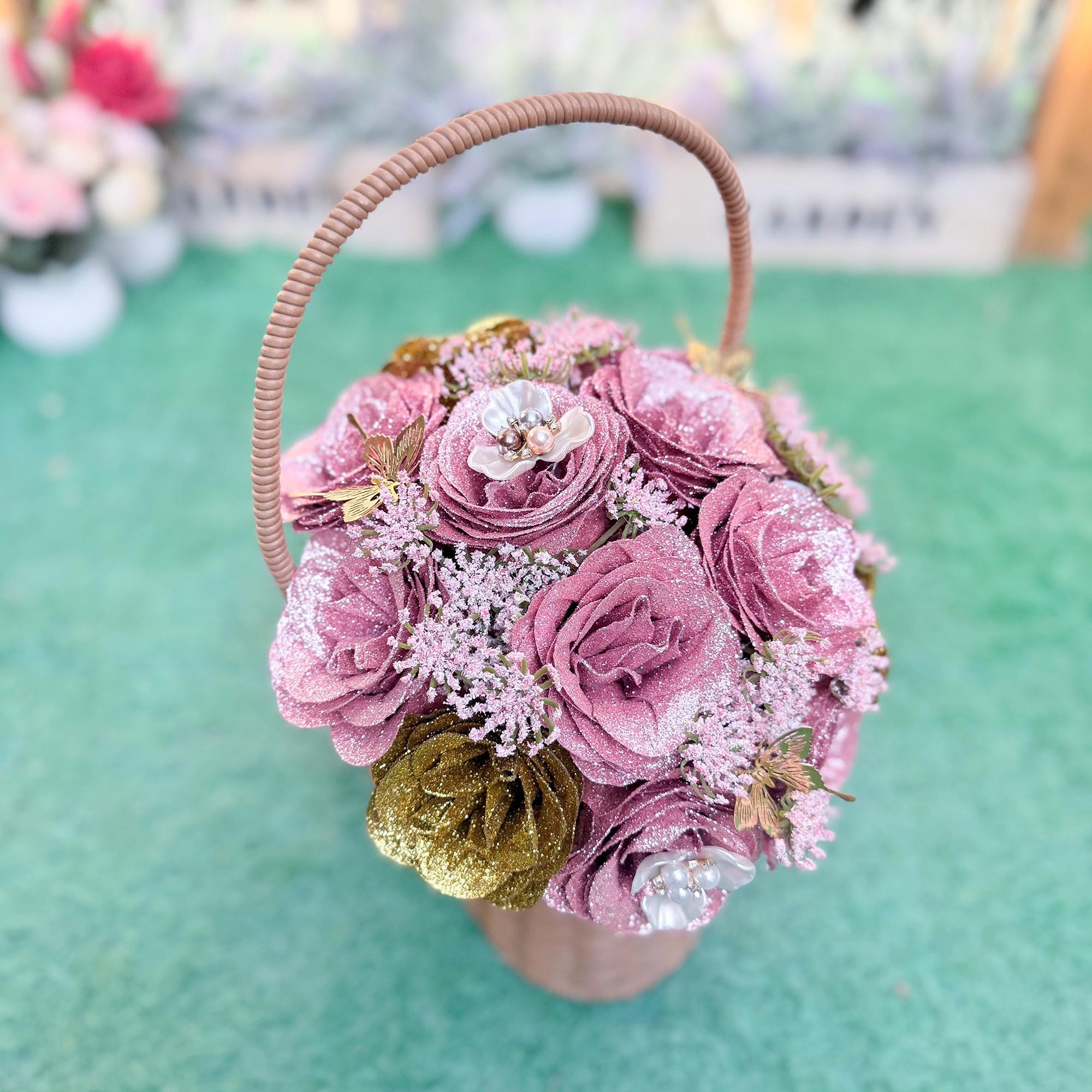 Glitter Rose Bouquet Box, Her Quinceañera Celebration, Gold Dusty Pink Rose Bridal Bouquet, Best Gift For Coming of Age 15, Bridesmaid Gift