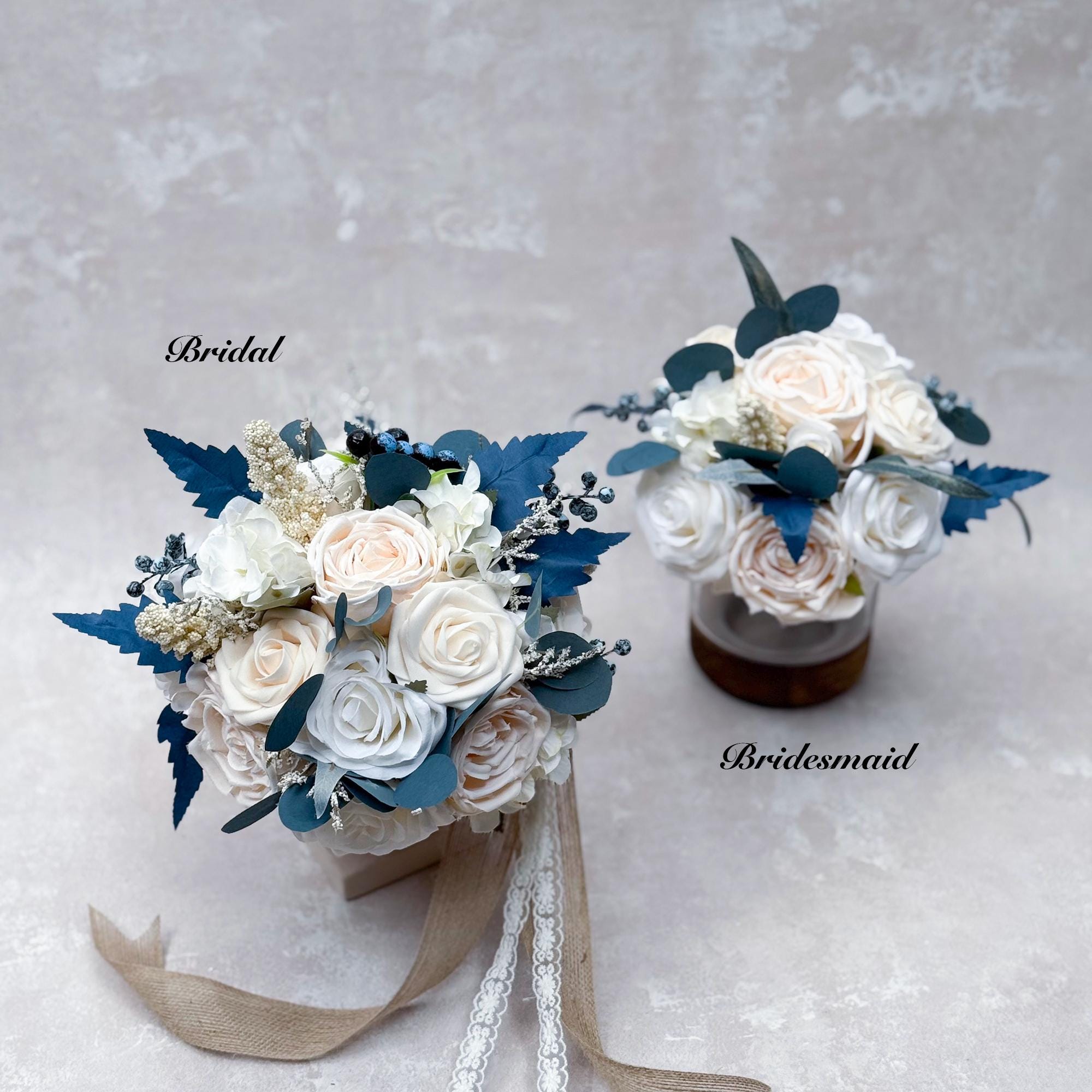 Rustic Cream Rose Bridal Bouquet, Champagne White Rose Bouquet, Grey Blue Bridesmaid Bouquet Gift For Her Wedding, Bridal Accessories