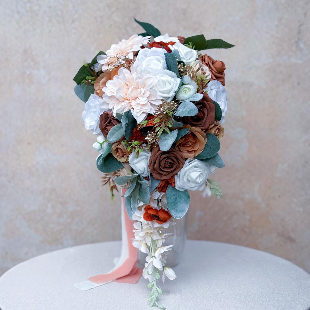 Cascade Autumn Brown Rose Bridal Bouquet, Dusty Pink Bridesmaid Bouquet, Champagne Dahlia Bridesmaid Bouquet Gift, Gift For Her Boho Wedding