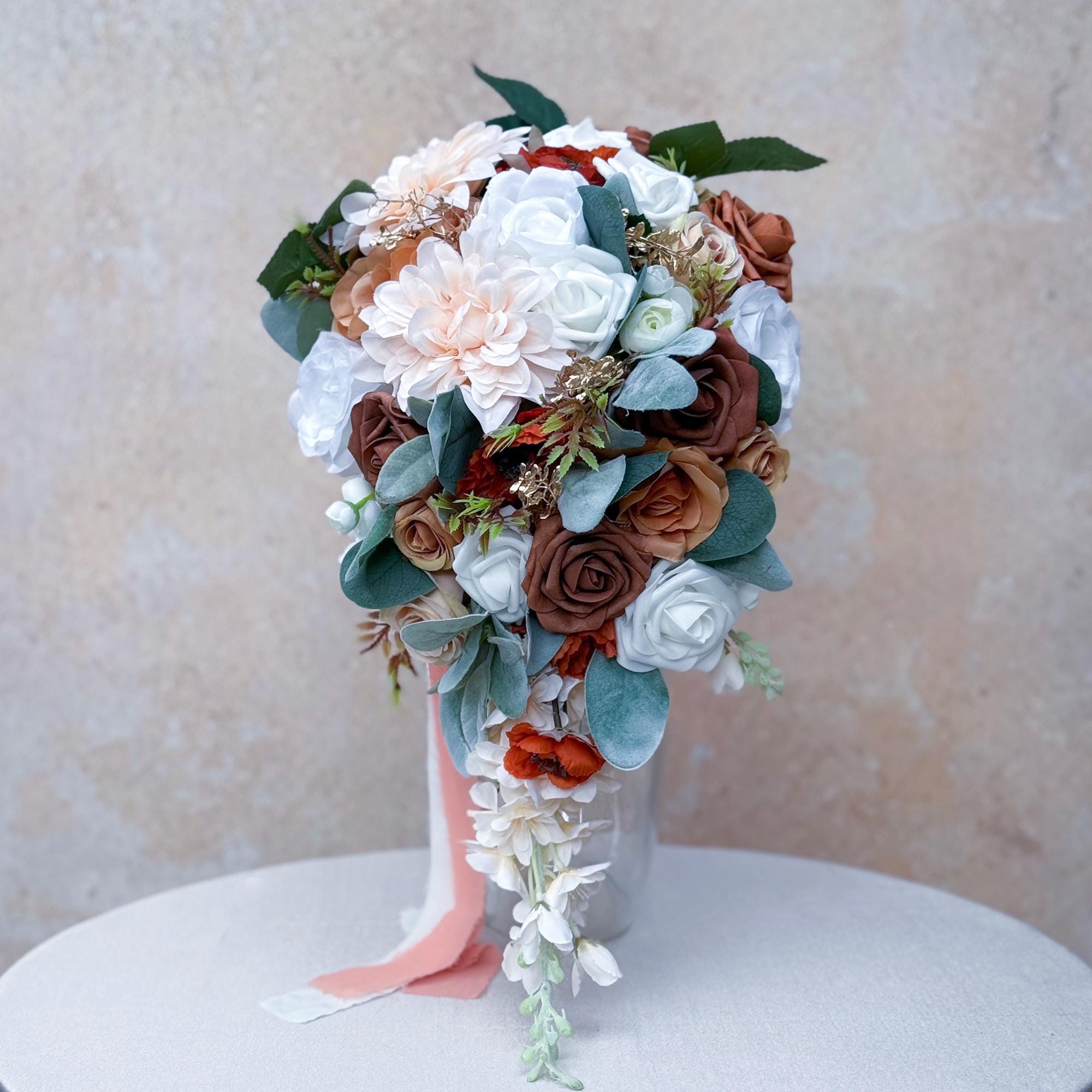 Cascade Autumn Brown Rose Bridal Bouquet, Dusty Pink Bridesmaid Bouquet, Champagne Dahlia Bridesmaid Bouquet Gift, Gift For Her Boho Wedding