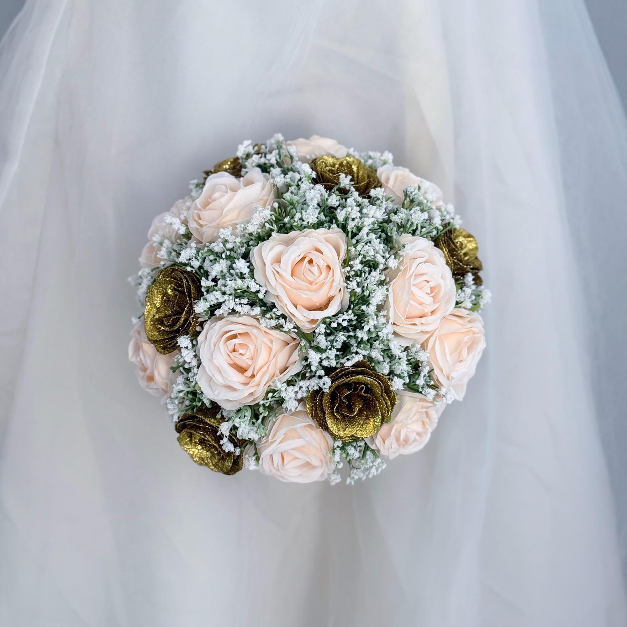 Glitter Champagne Pink Bridal Bouquet with baby's breath – Wedding Bouquet, Quinceanera, 15th Birthday, Coming of Age Ceremony, Gift for Her