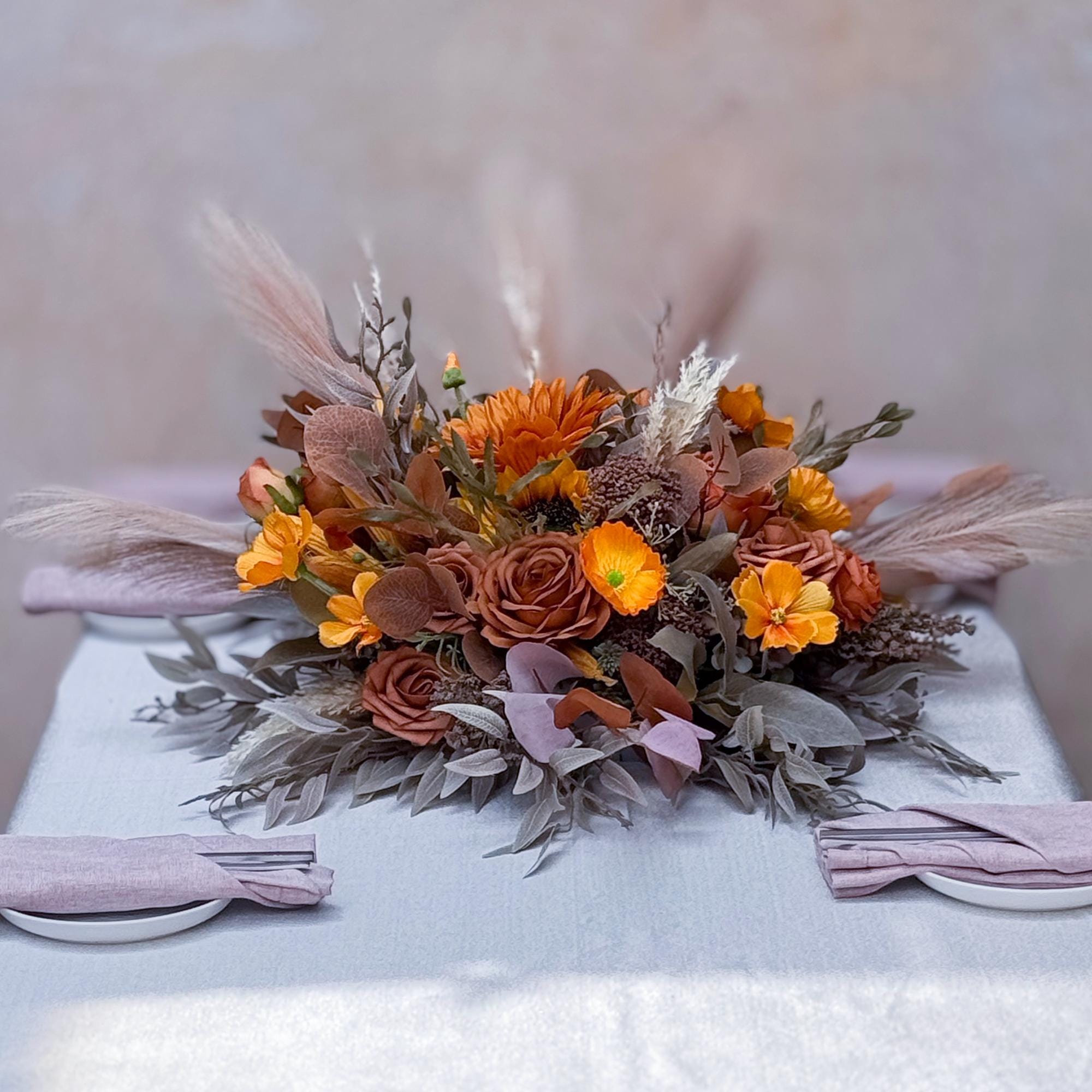 Personalized Vintage Autumn Withered Yellow Rose Quince Centerpiece, Fall Sunflower Wildflower Arrangement Gift for Home Decor, Wedding Swag