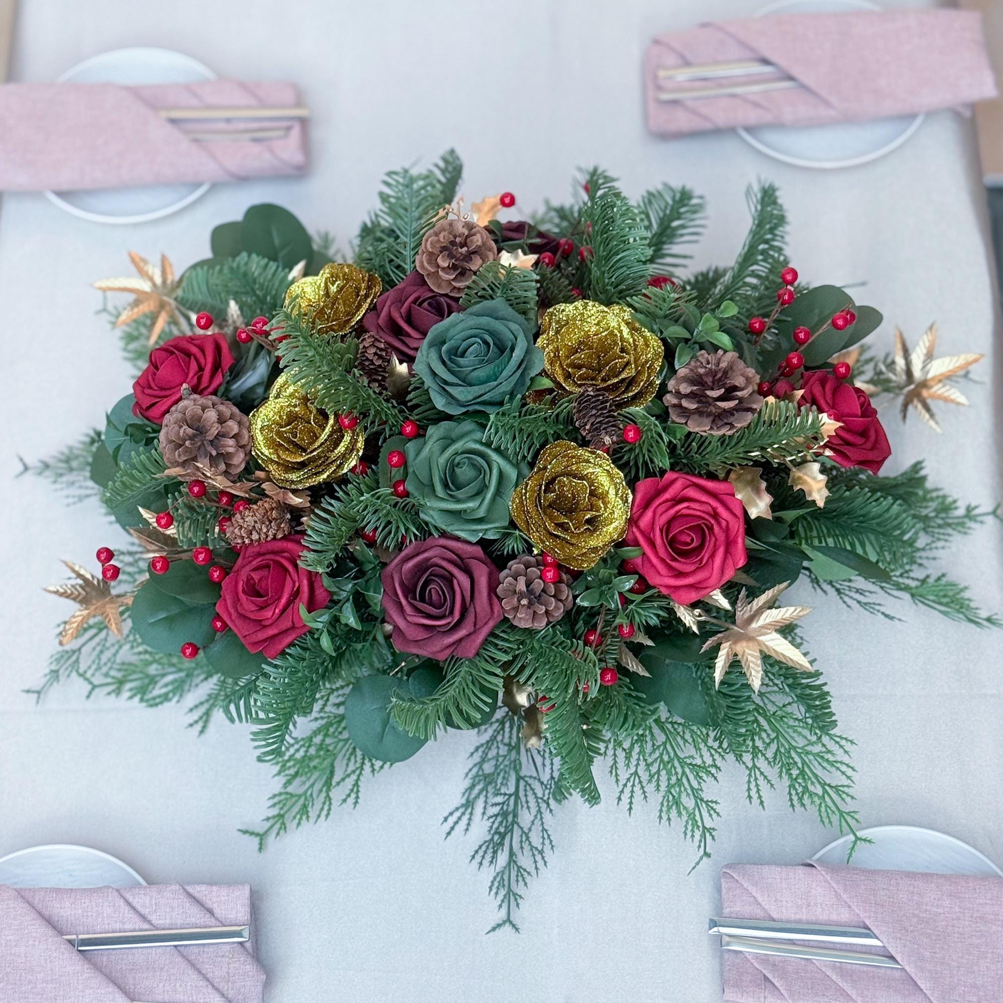 Personalized Vintage Christmas Rose Noble Fir Table Centerpiece Gift for Her Home Decor, Wedding Decor, Candle Holder Gifts for Xmas Candles