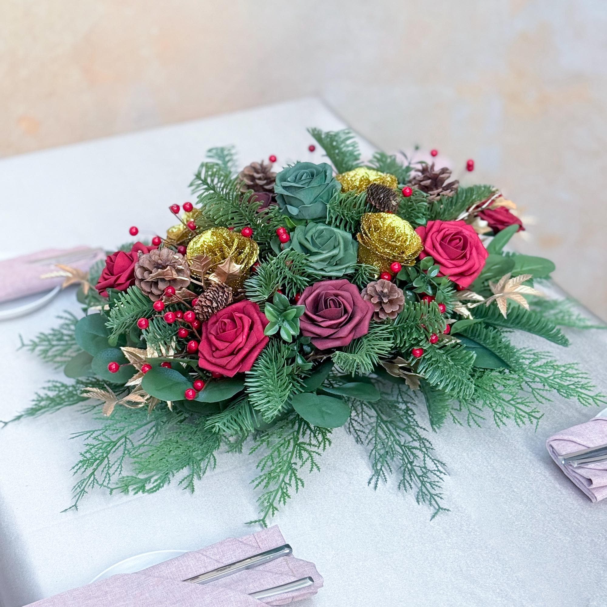Personalized Vintage Christmas Rose Noble Fir Table Centerpiece Gift for Her Home Decor, Wedding Decor, Candle Holder Gifts for Xmas Candles