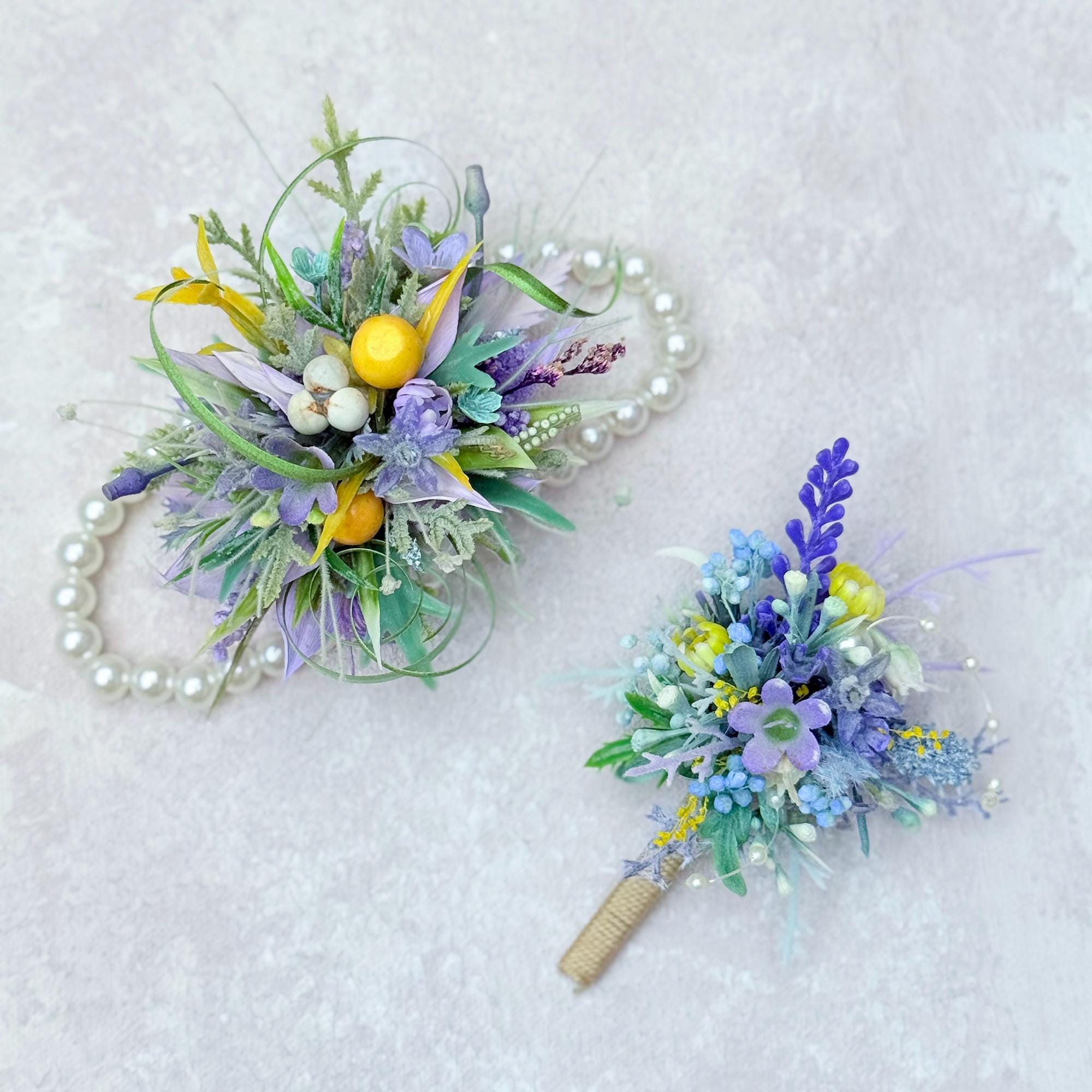 Dried Wildflower Lavender Pearl Bracelet - Rustic Wedding, Back To School Gift, Corsage and Boutonniere Set,Gift for Mom,Bridal Accessories