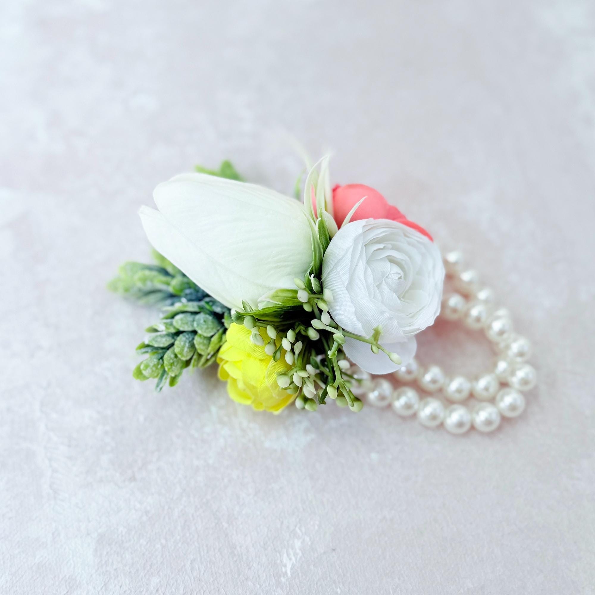 Rustic White, Yellow & Dusty Pink Rose Bracelet With Pearl, Real Touch Tulip Wrist Corsage, Gift For Her, Groom Boutonniere, Prom Corsage