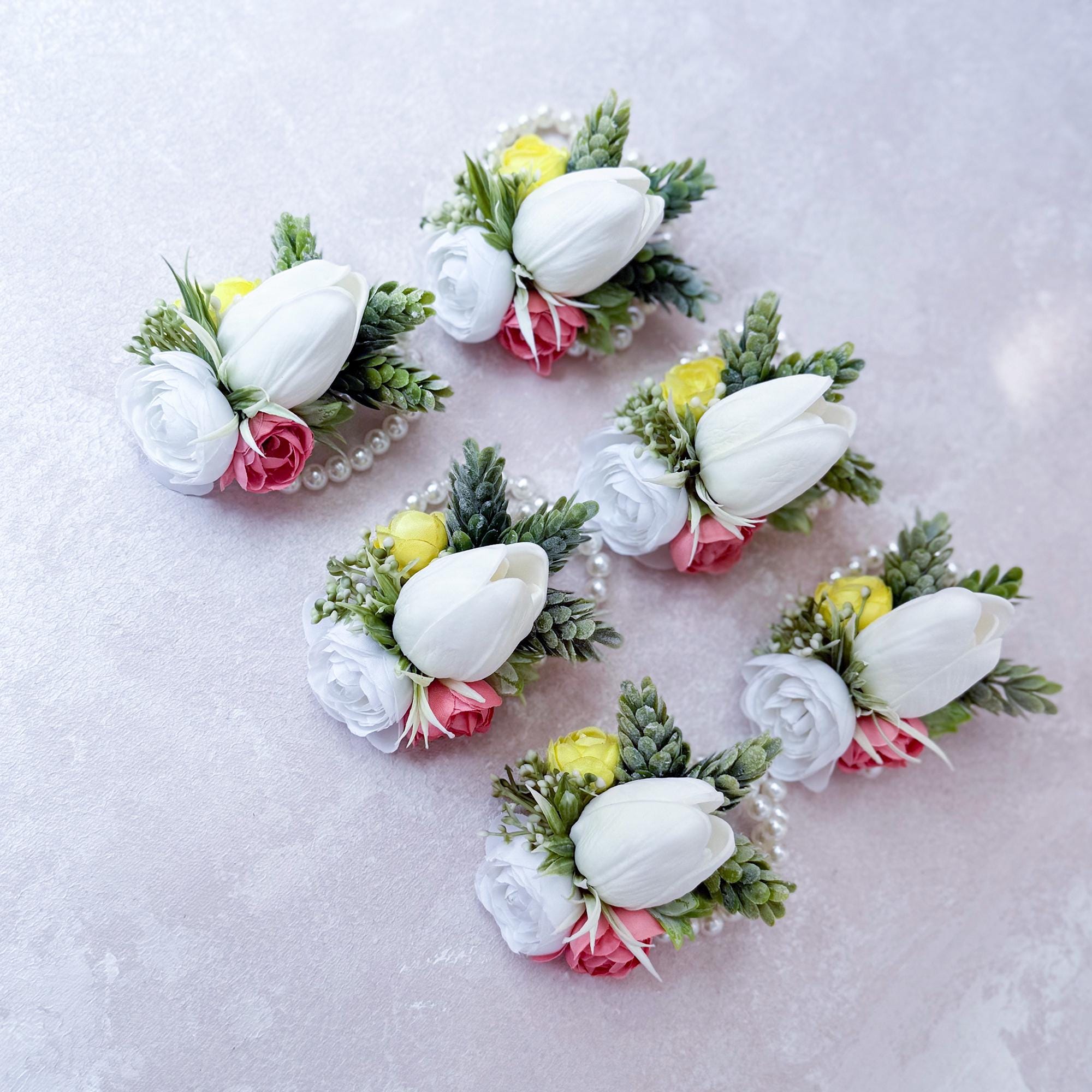 Rustic White, Yellow & Dusty Pink Rose Bracelet With Pearl, Real Touch Tulip Wrist Corsage, Gift For Her, Groom Boutonniere, Prom Corsage