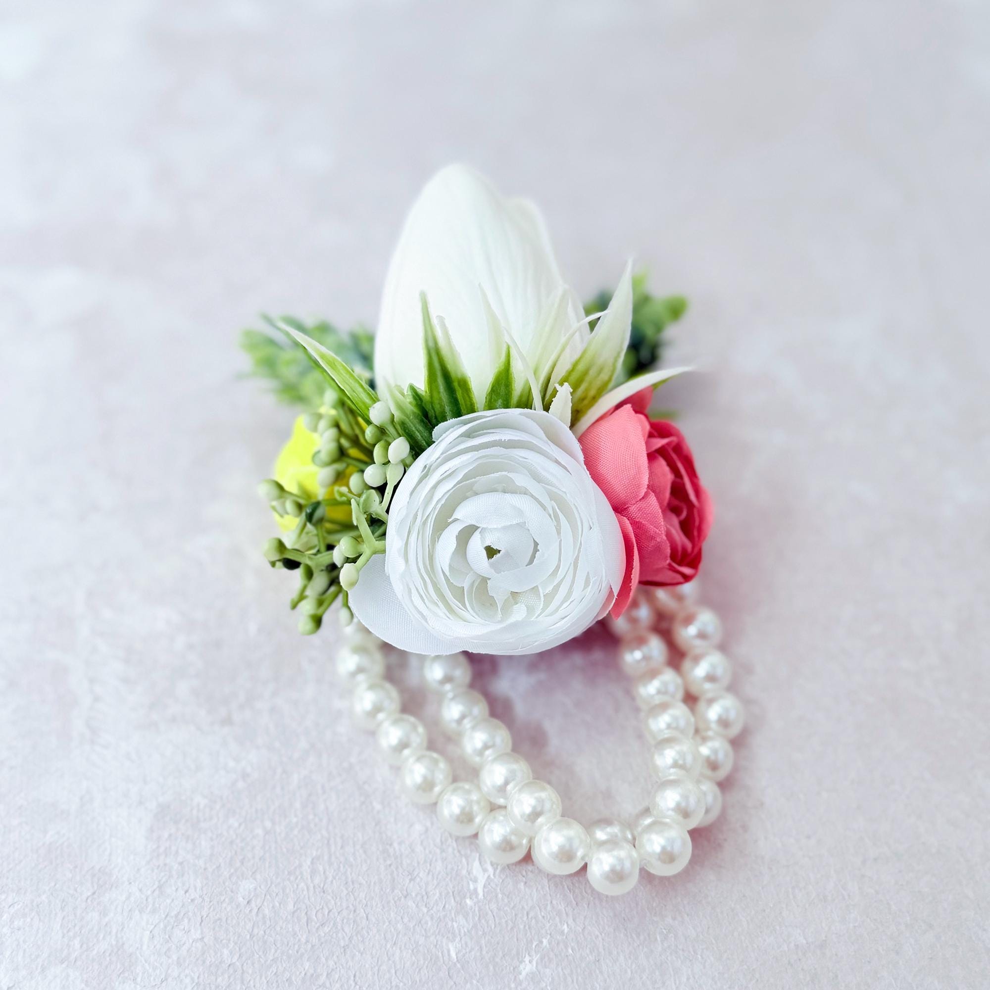 Rustic White, Yellow & Dusty Pink Rose Bracelet With Pearl, Real Touch Tulip Wrist Corsage, Gift For Her, Groom Boutonniere, Prom Corsage