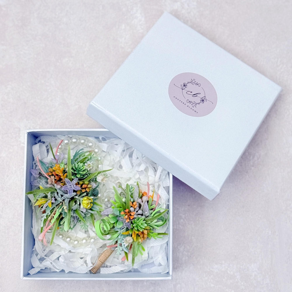 Dried Wildflower Pearl Bracelet - Back To School Gift, Wrist Corsage and Boutonniere Set, Dusty Green Sola, Gift For Mom,Bridal Accessories