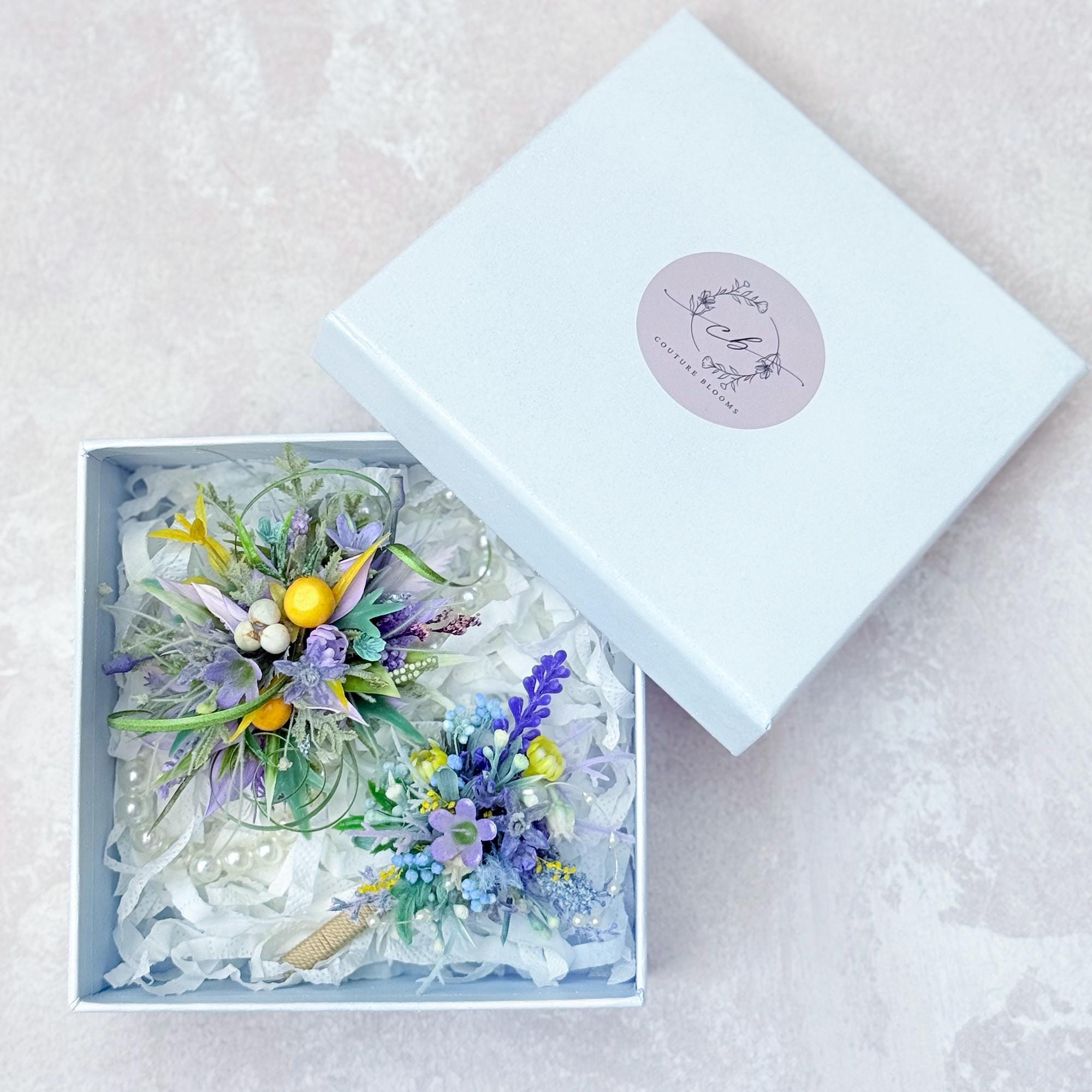 Dried Wildflower Lavender Pearl Bracelet - Rustic Wedding, Back To School Gift, Corsage and Boutonniere Set,Gift for Mom,Bridal Accessories