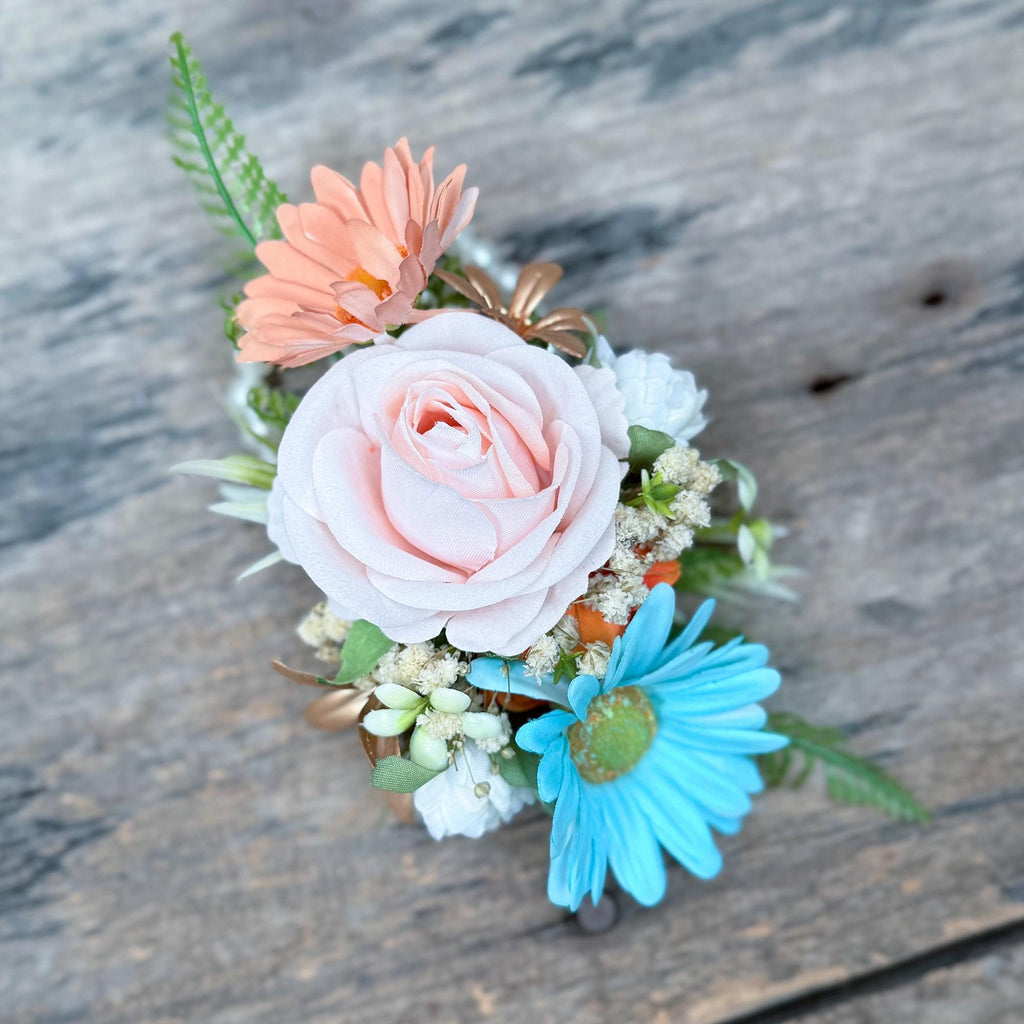 Pale Turquoise & Cappuccino Wrist Corsage – Robin’s Egg Blue Silk Rose Baby’s Breath Bracelet, Boho Prom Daisy Corsage Blue,Wedding Wristlet