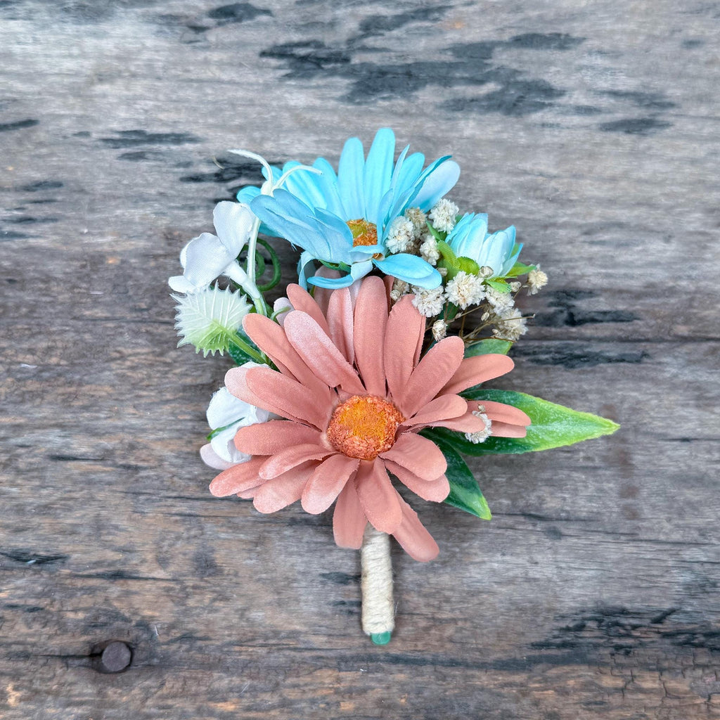 Pale Turquoise & Cappuccino Wrist Corsage – Robin’s Egg Blue Silk Rose Baby’s Breath Bracelet, Boho Prom Daisy Corsage Blue,Wedding Wristlet