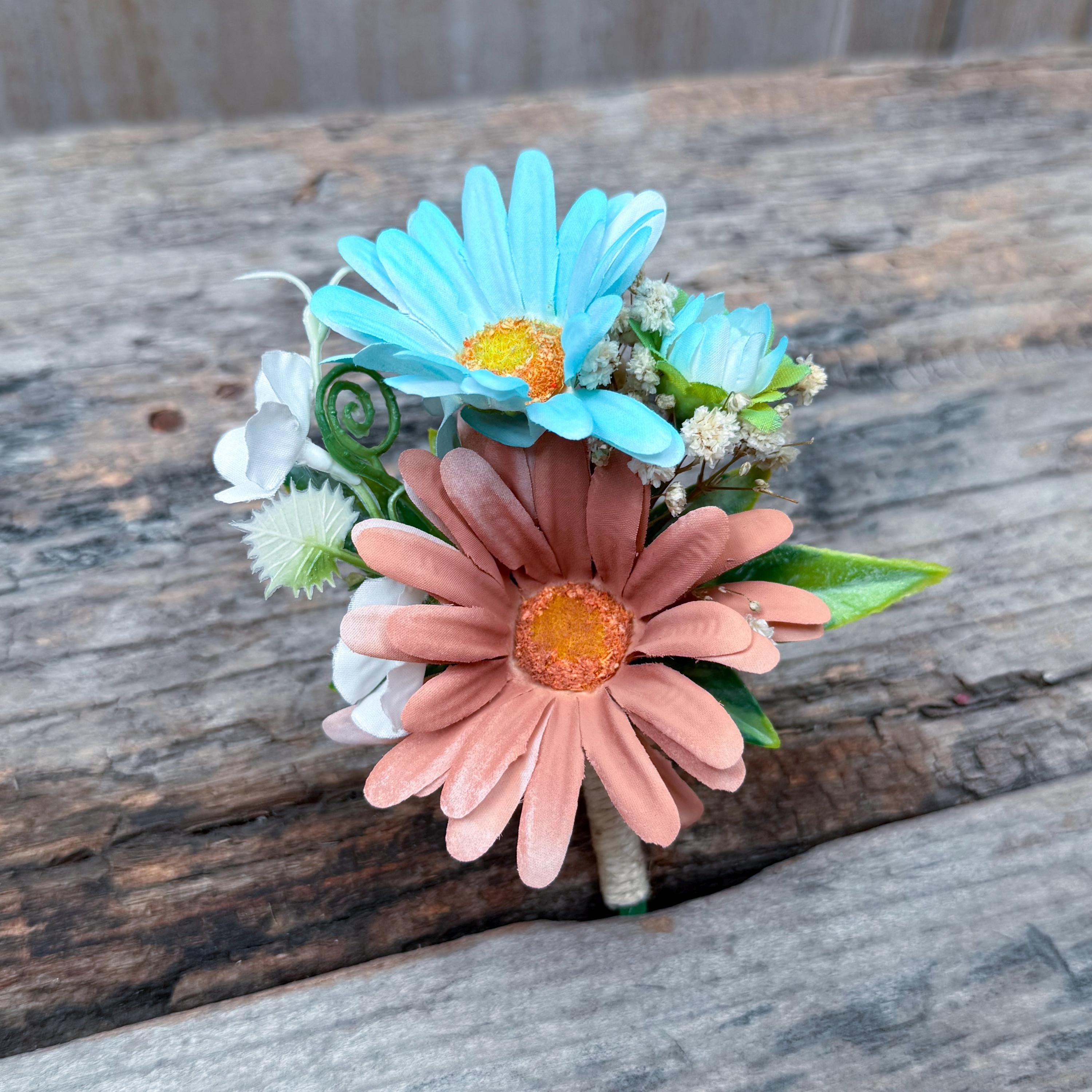 Pale Turquoise & Cappuccino Wrist Corsage – Robin’s Egg Blue Silk Rose Baby’s Breath Bracelet, Boho Prom Daisy Corsage Blue,Wedding Wristlet