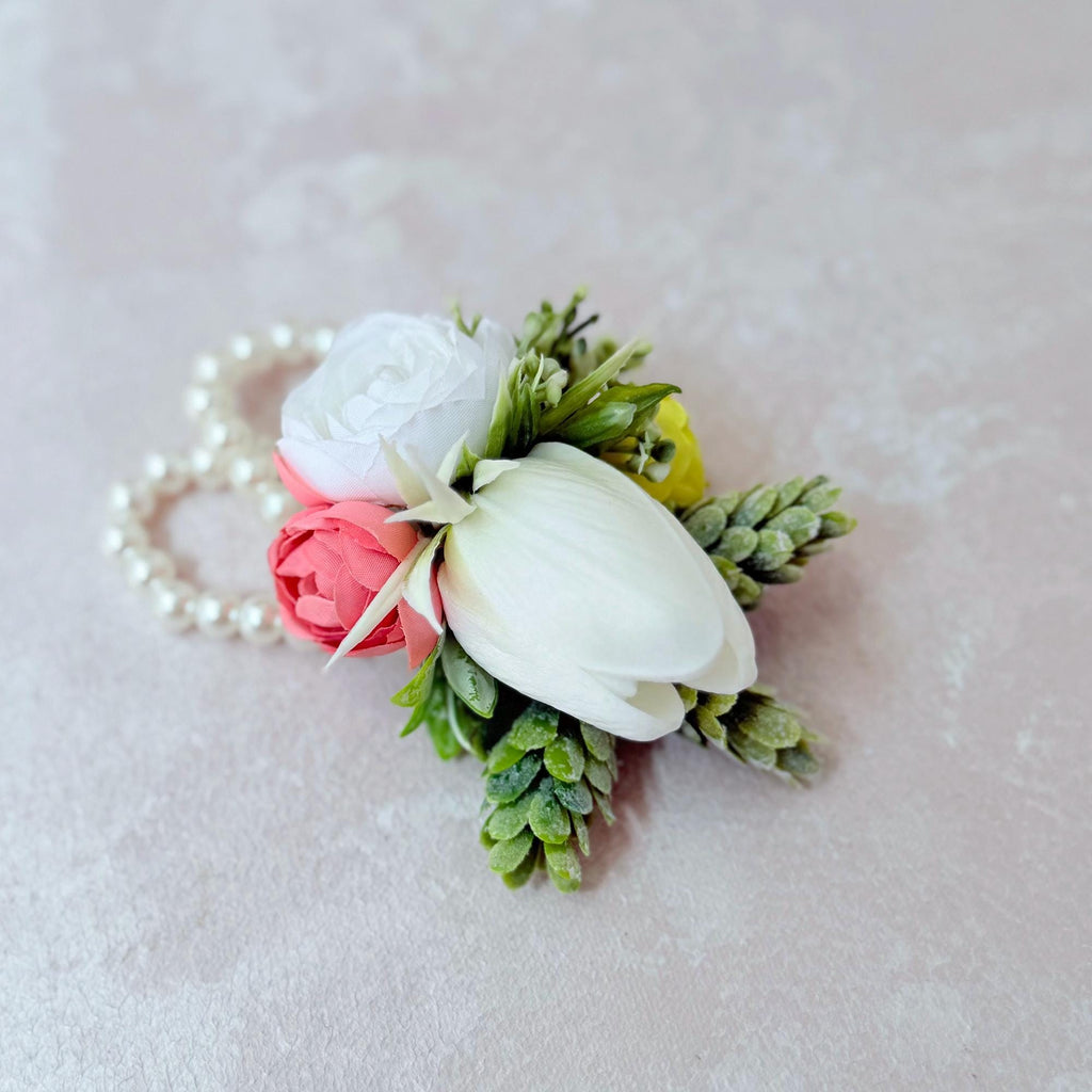 Rustic White, Yellow & Dusty Pink Rose Bracelet With Pearl, Real Touch Tulip Wrist Corsage, Gift For Her, Groom Boutonniere, Prom Corsage