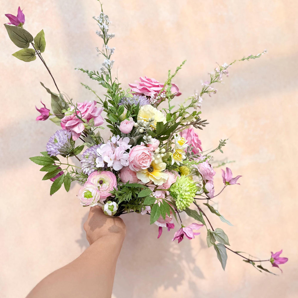 Large Pink Wildflower Wedding Bouquet, Silk Peony Rose Flower Bridal Bouquet, Faux Flower Bouquet for Beach Wedding, Monet Garden Wedding