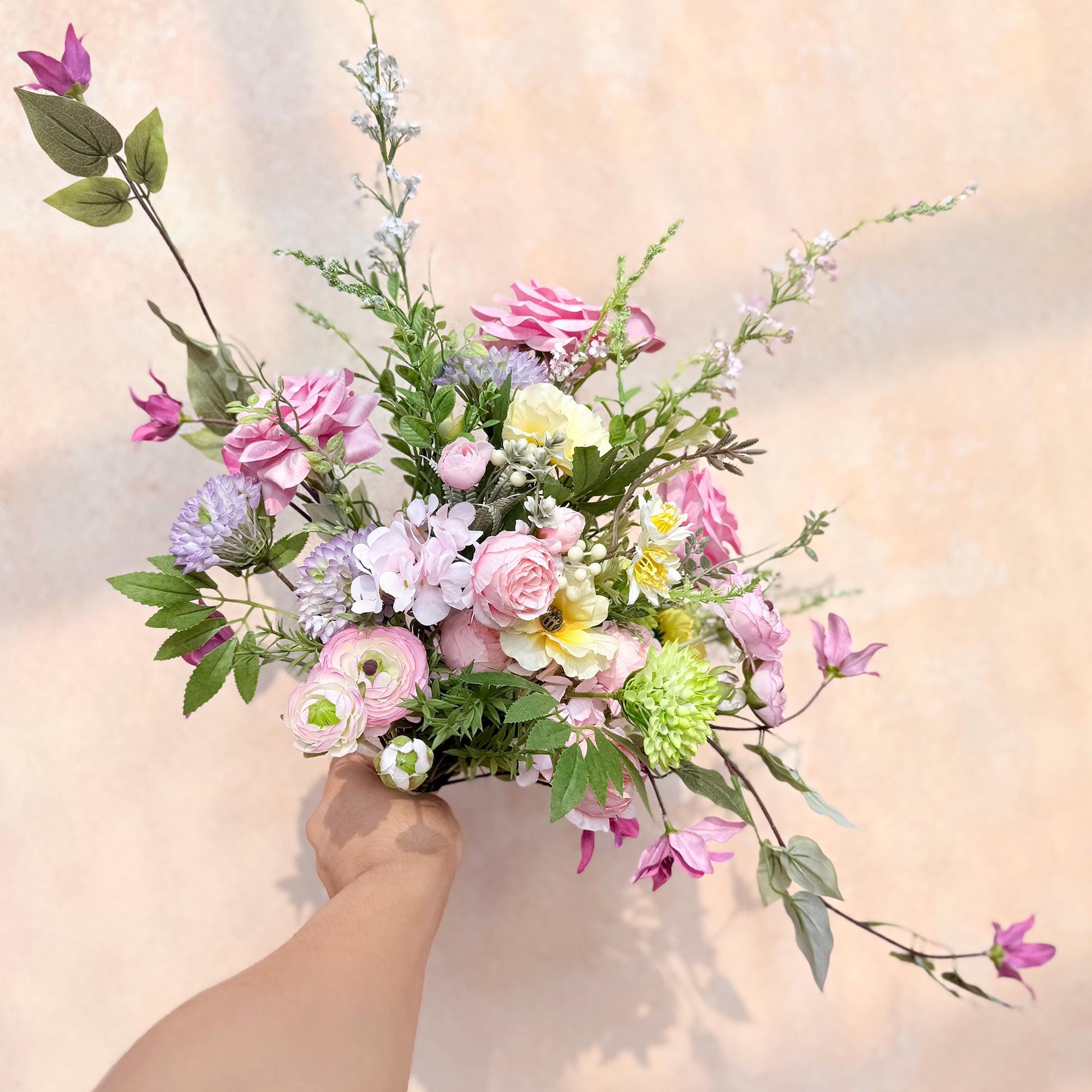 Large Pink Wildflower Wedding Bouquet, Silk Peony Rose Flower Bridal Bouquet, Faux Flower Bouquet for Beach Wedding, Monet Garden Wedding