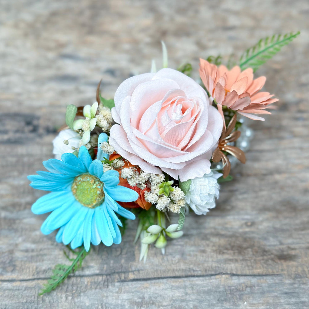 Pale Turquoise & Cappuccino Wrist Corsage – Robin’s Egg Blue Silk Rose Baby’s Breath Bracelet, Boho Prom Daisy Corsage Blue,Wedding Wristlet
