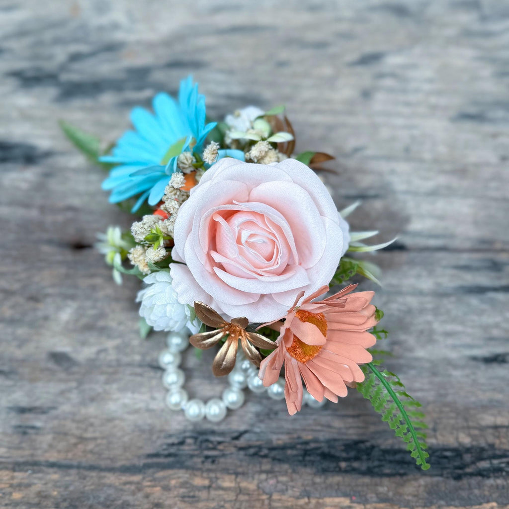 Pale Turquoise & Cappuccino Wrist Corsage – Robin’s Egg Blue Silk Rose Baby’s Breath Bracelet, Boho Prom Daisy Corsage Blue,Wedding Wristlet